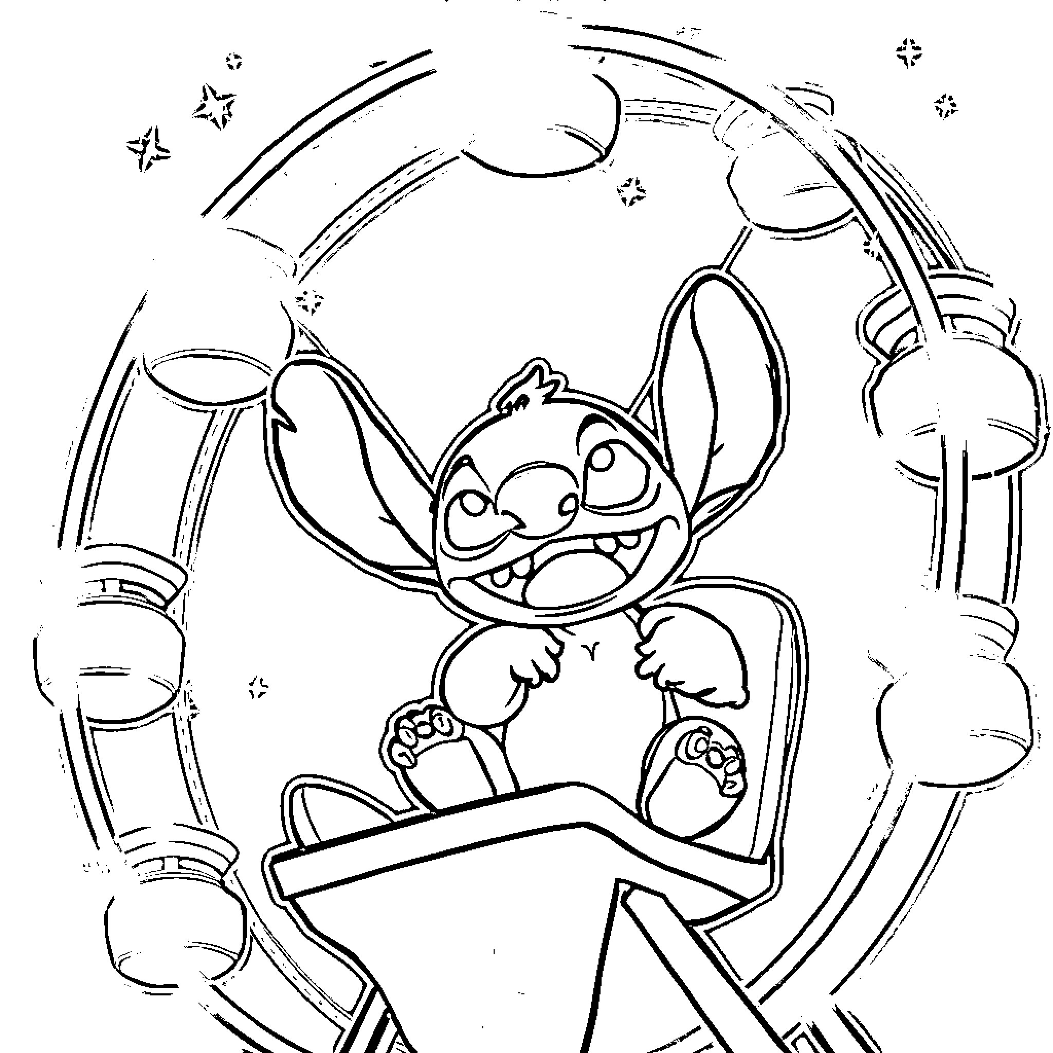 Stitch jumping joyfully in a cartoon environment Coloring Page (free black-and-white line drawing printable PDF for all, from beginners to advanced learners, including children, teens, adults, and seniors)