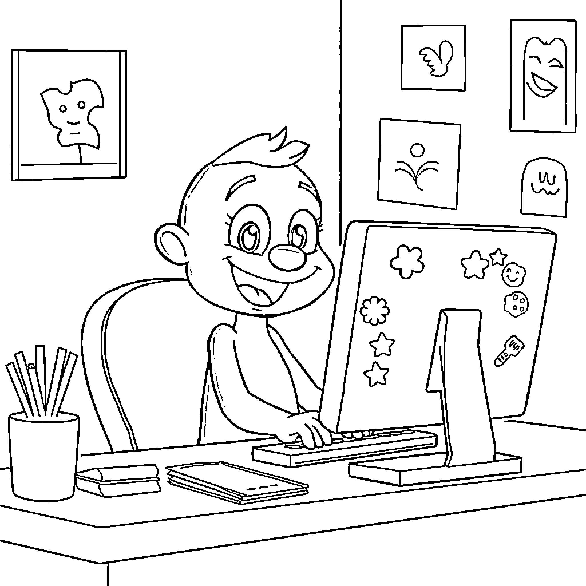 Bluey drawing at his desk with happy expression Coloring Page (free black-and-white line drawing printable PDF for all, from beginners to advanced learners, including children, teens, adults, and seniors)