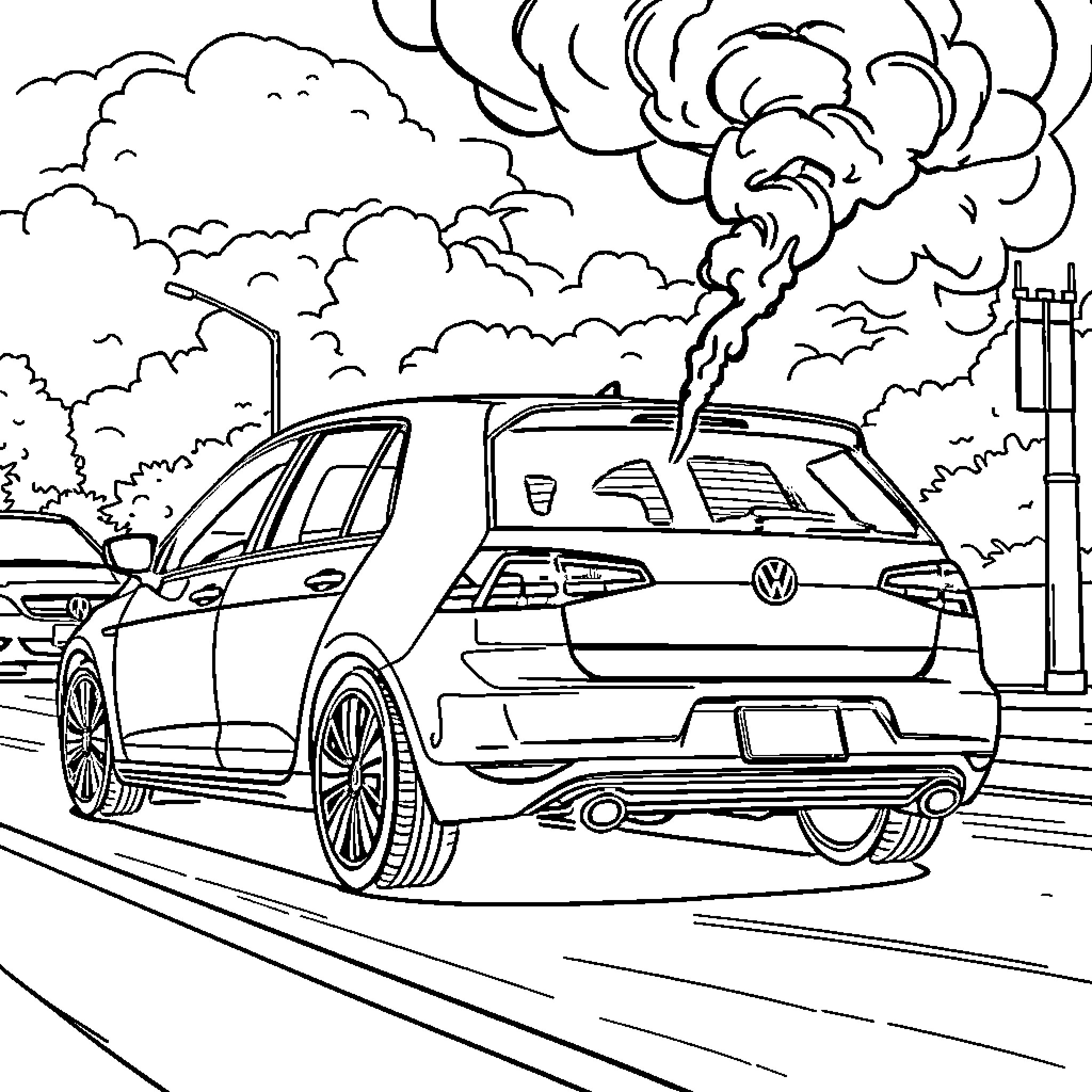 Volkswagen car in motion with smoke and clouds Coloring Page (free black-and-white line drawing printable PDF for all, from beginners to advanced learners, including children, teens, adults, and seniors)