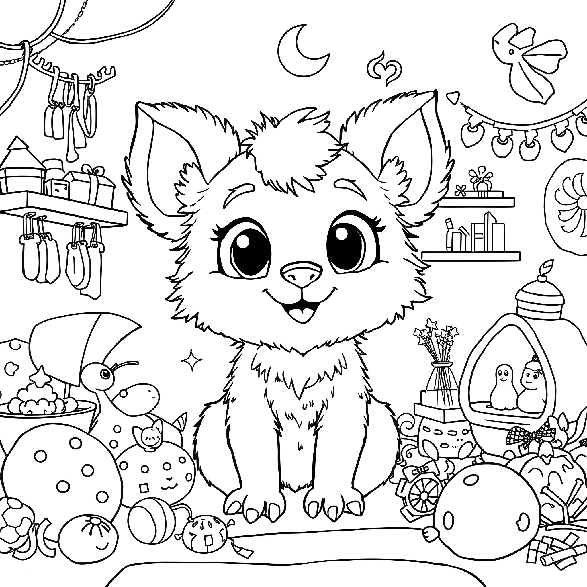 Labubu's Enchanting Home Coloring Page (free black-and-white line drawing printable PDF for all, from beginners to advanced learners, including children, teens, adults, and seniors)