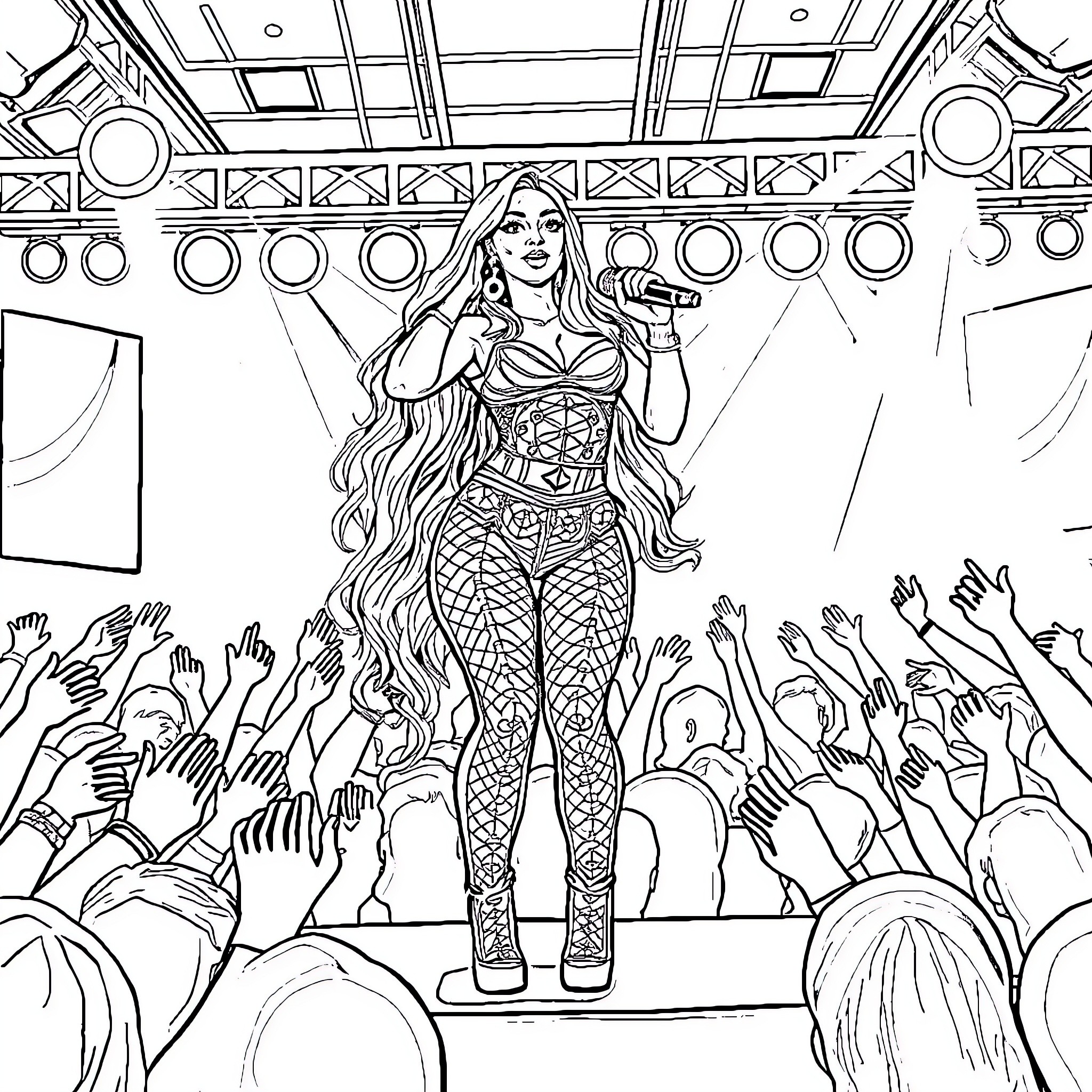 Nicki Minaj Performing on Stage with Energetic Crowd Coloring Page (free black-and-white line drawing printable PDF for all, from beginners to advanced learners, including children, teens, adults, and seniors)