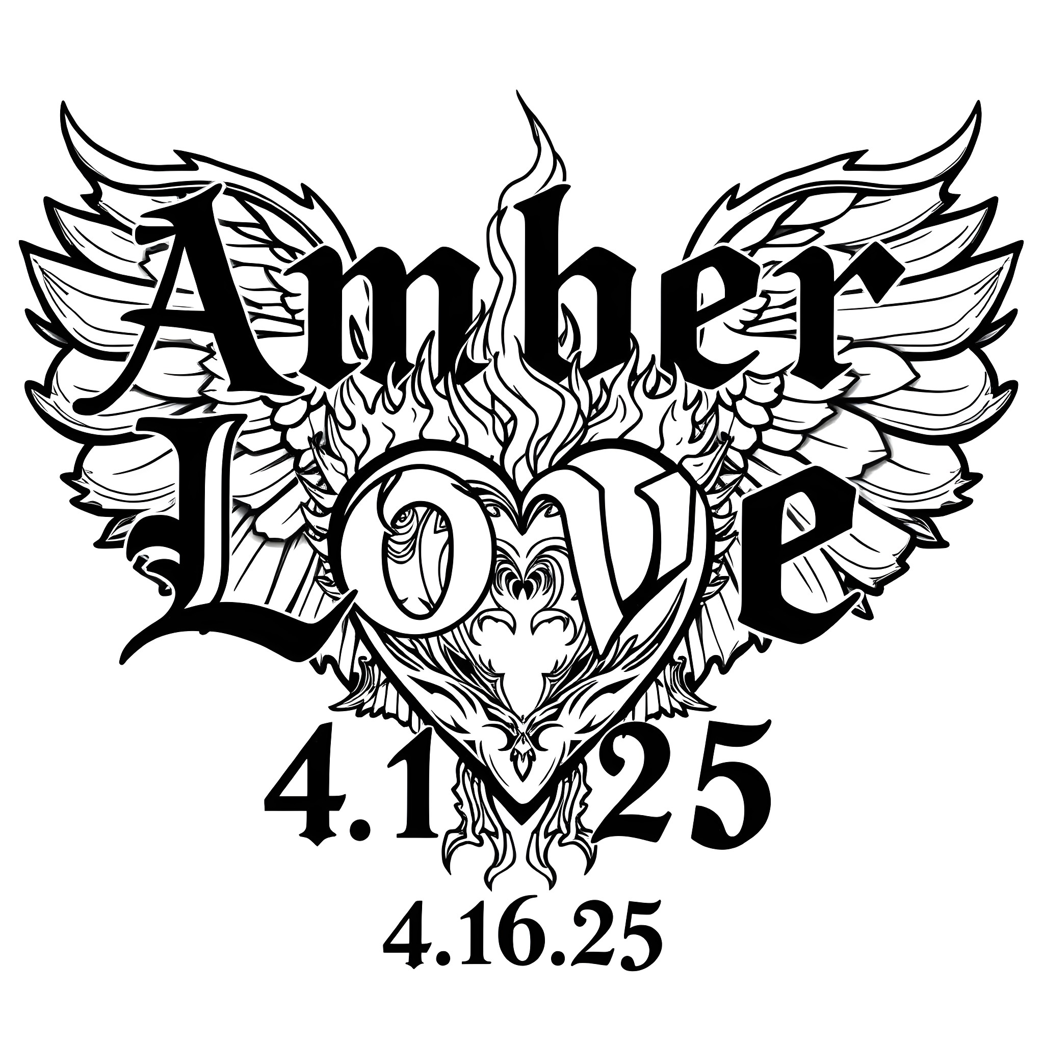 Heart-shaped logo with winged ornaments and dates Coloring Page (free black-and-white line drawing printable PDF for all, from beginners to advanced learners, including children, teens, adults, and seniors)