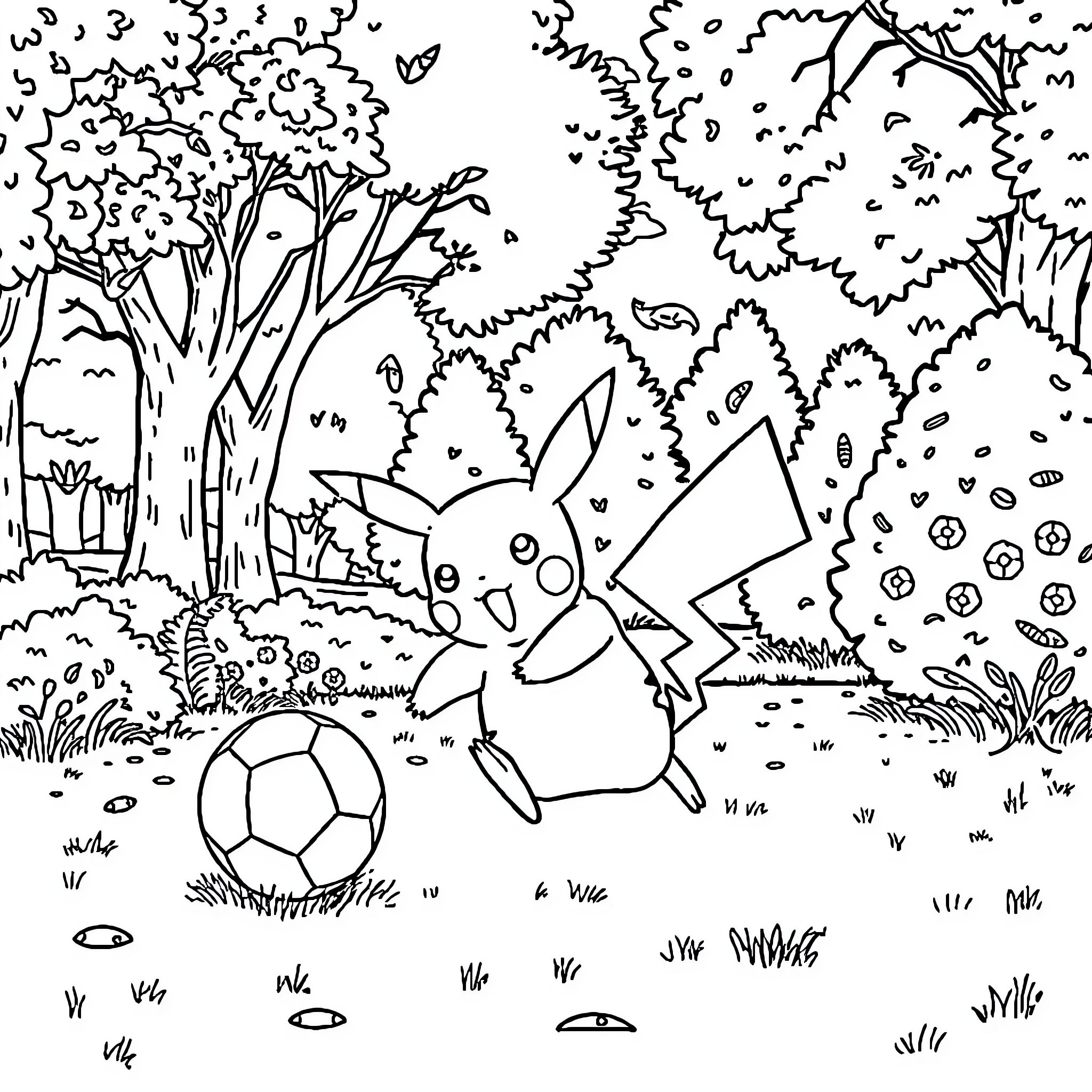 Pikachu playing with a soccer ball in the forest Coloring Page (free black-and-white line drawing printable PDF for all, from beginners to advanced learners, including children, teens, adults, and seniors)