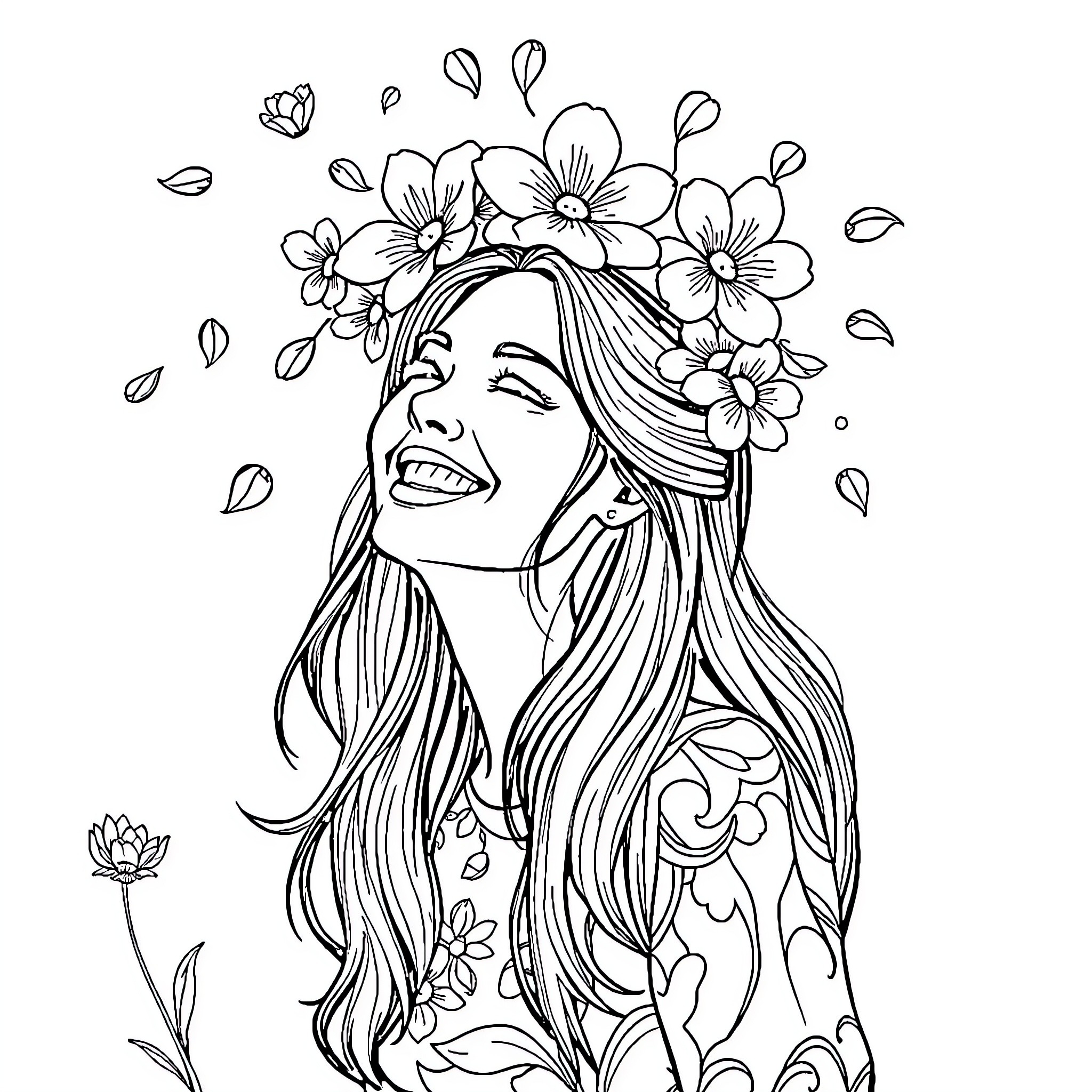 Woman joyfully surrounded by flowers Coloring Page (free black-and-white line drawing printable PDF for all, from beginners to advanced learners, including children, teens, adults, and seniors)