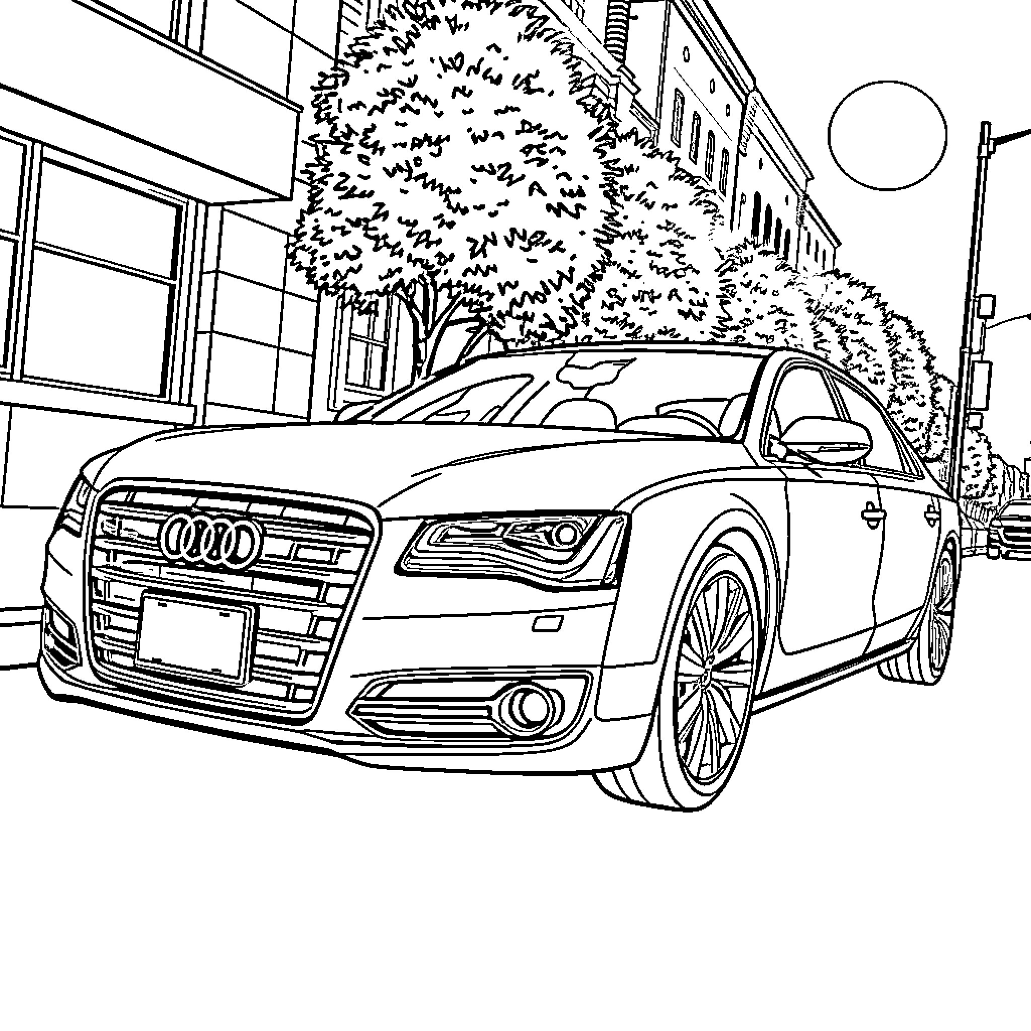 Audi luxury sedan in urban setting Coloring Page (free black-and-white line drawing printable PDF for all, from beginners to advanced learners, including children, teens, adults, and seniors)