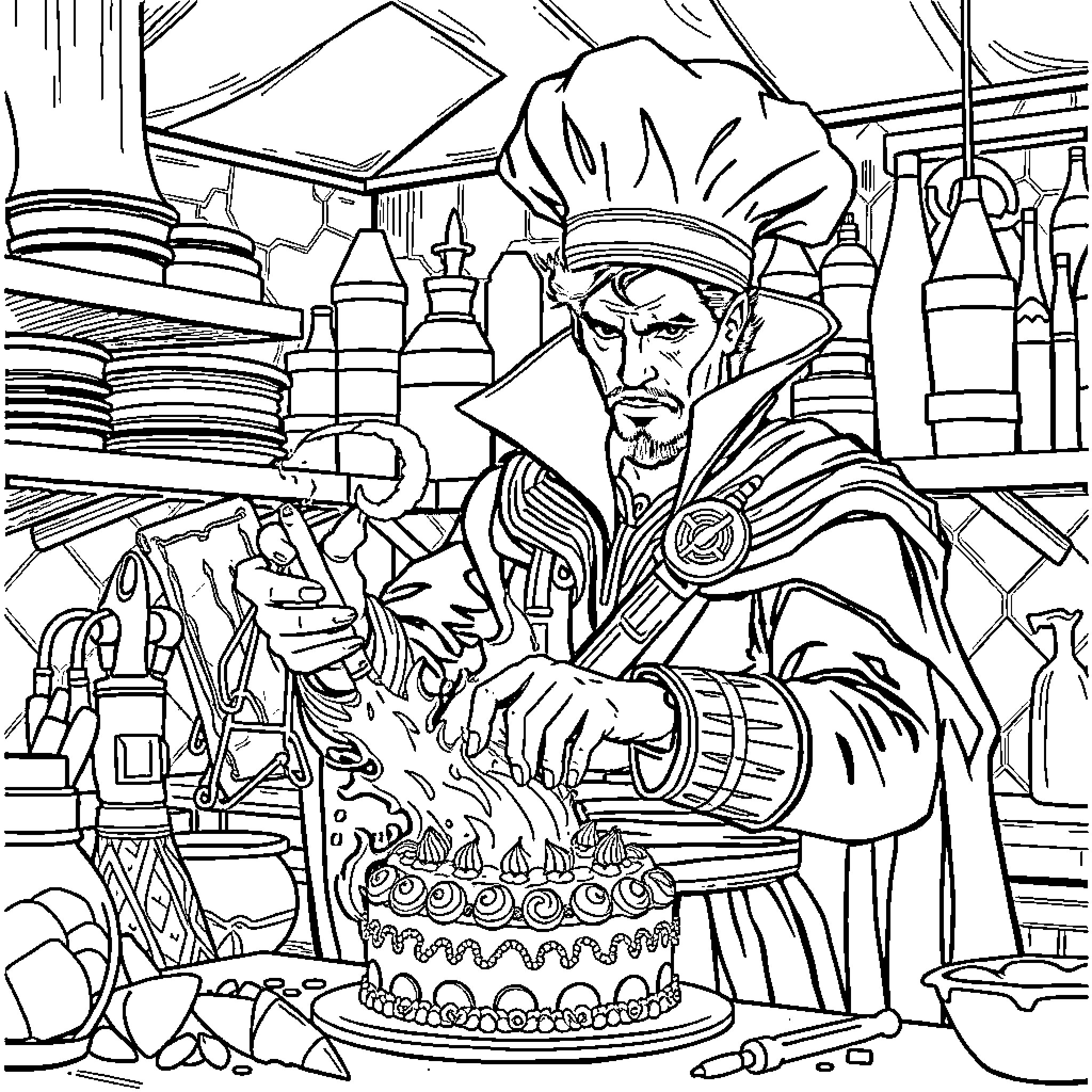 Dr. Strange's Enchanting Workshop Coloring Page (free black-and-white line drawing printable PDF for all, from beginners to advanced learners, including children, teens, adults, and seniors)