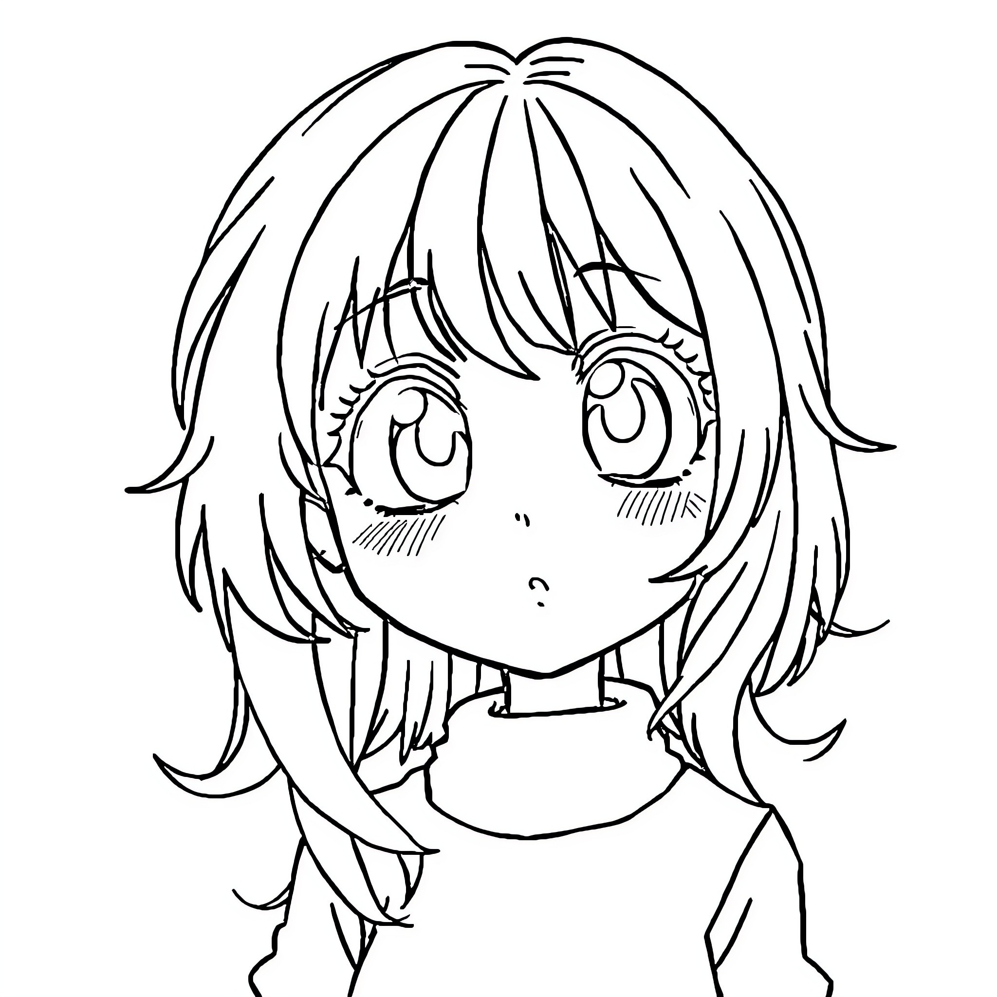 Manga Girl with Surprised Expression Coloring Page (free black-and-white line drawing printable PDF for all, from beginners to advanced learners, including children, teens, adults, and seniors)