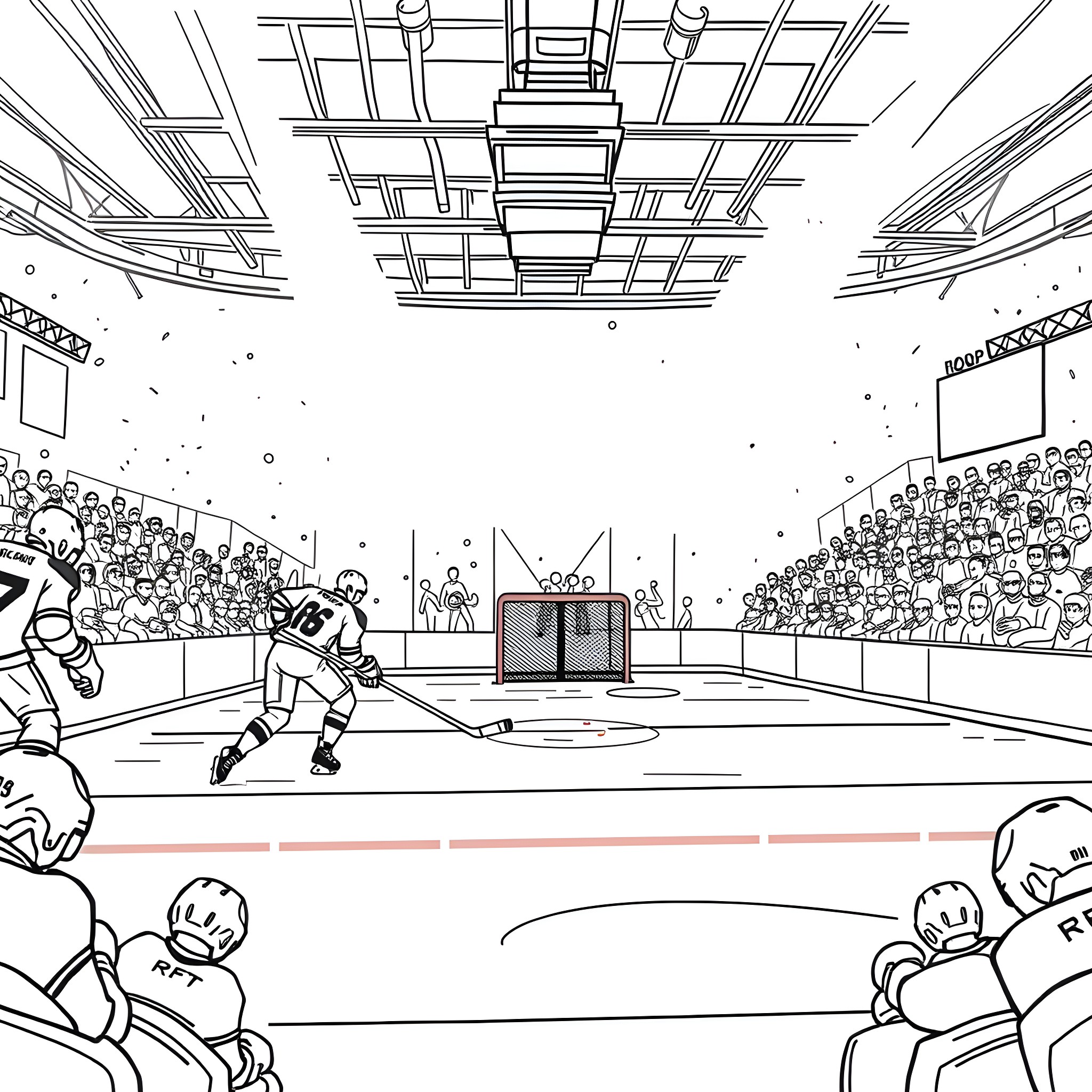 Hockey players competing in intense game on rink Coloring Page (free black-and-white line drawing printable PDF for all, from beginners to advanced learners, including children, teens, adults, and seniors)