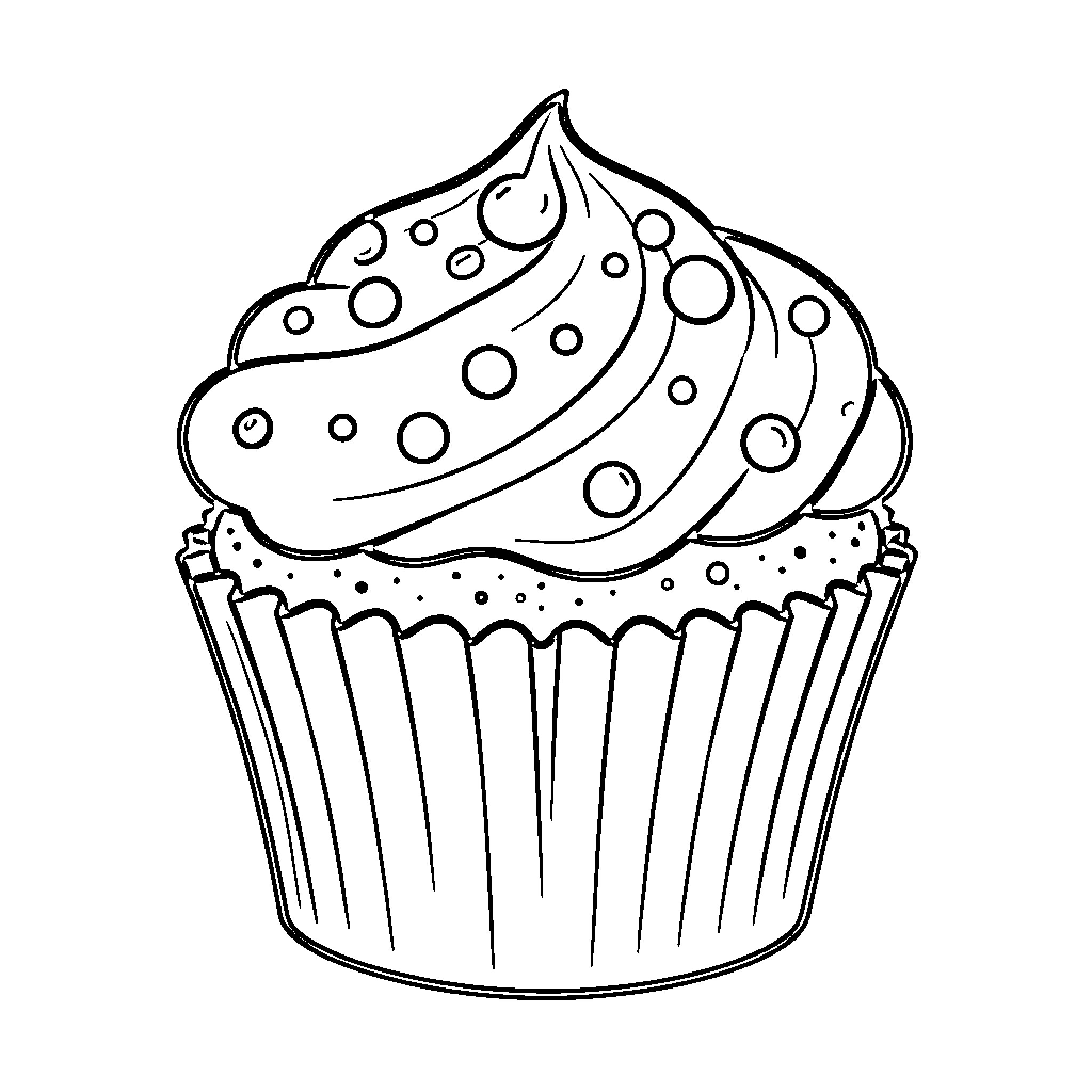 Cupcake with Decorative Frosting Swirls Coloring Page (free black-and-white line drawing printable PDF for all, from beginners to advanced learners, including children, teens, adults, and seniors)