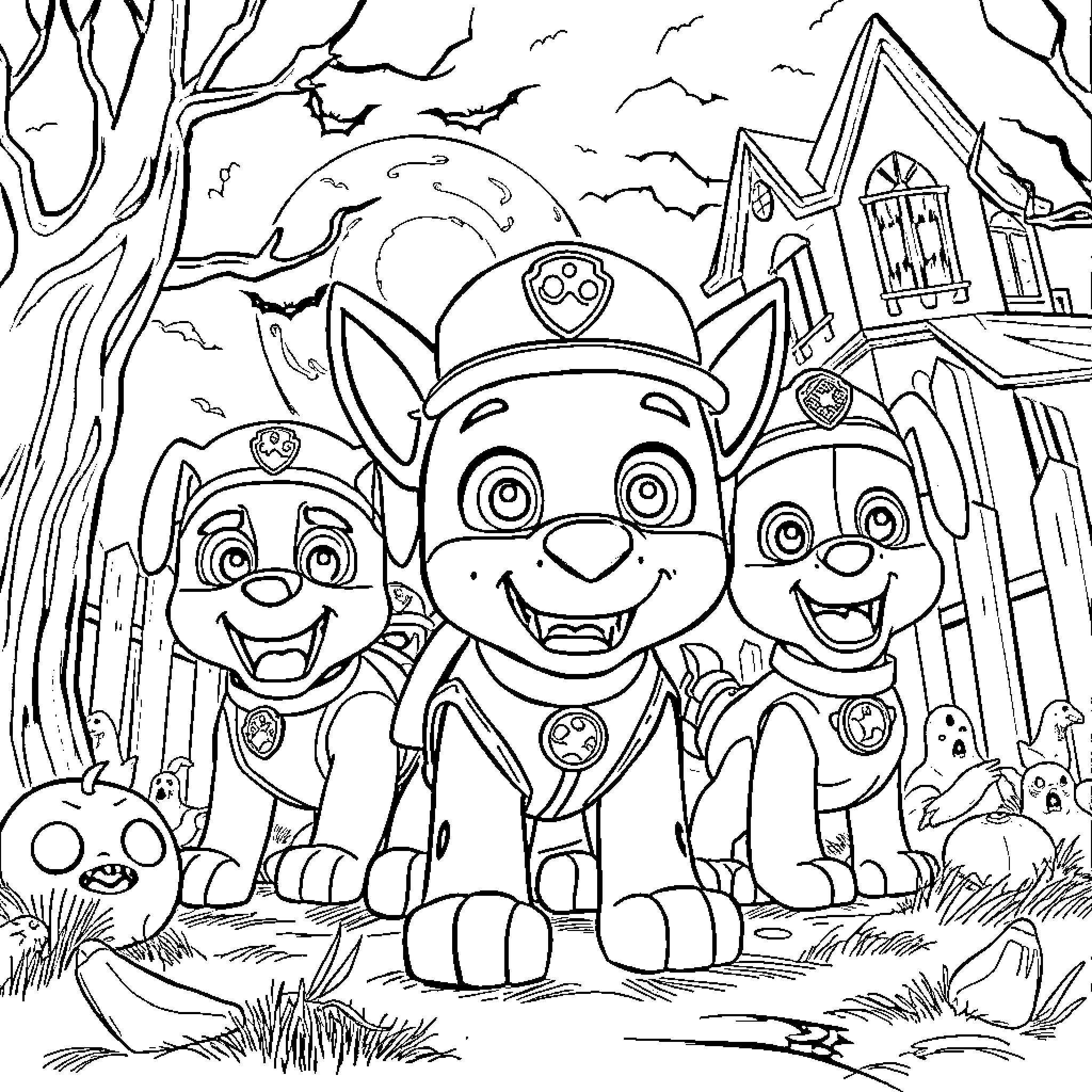 Paw Patrol Pups Explore a Spooky Forest Coloring Page (free black-and-white line drawing printable PDF for all, from beginners to advanced learners, including children, teens, adults, and seniors)