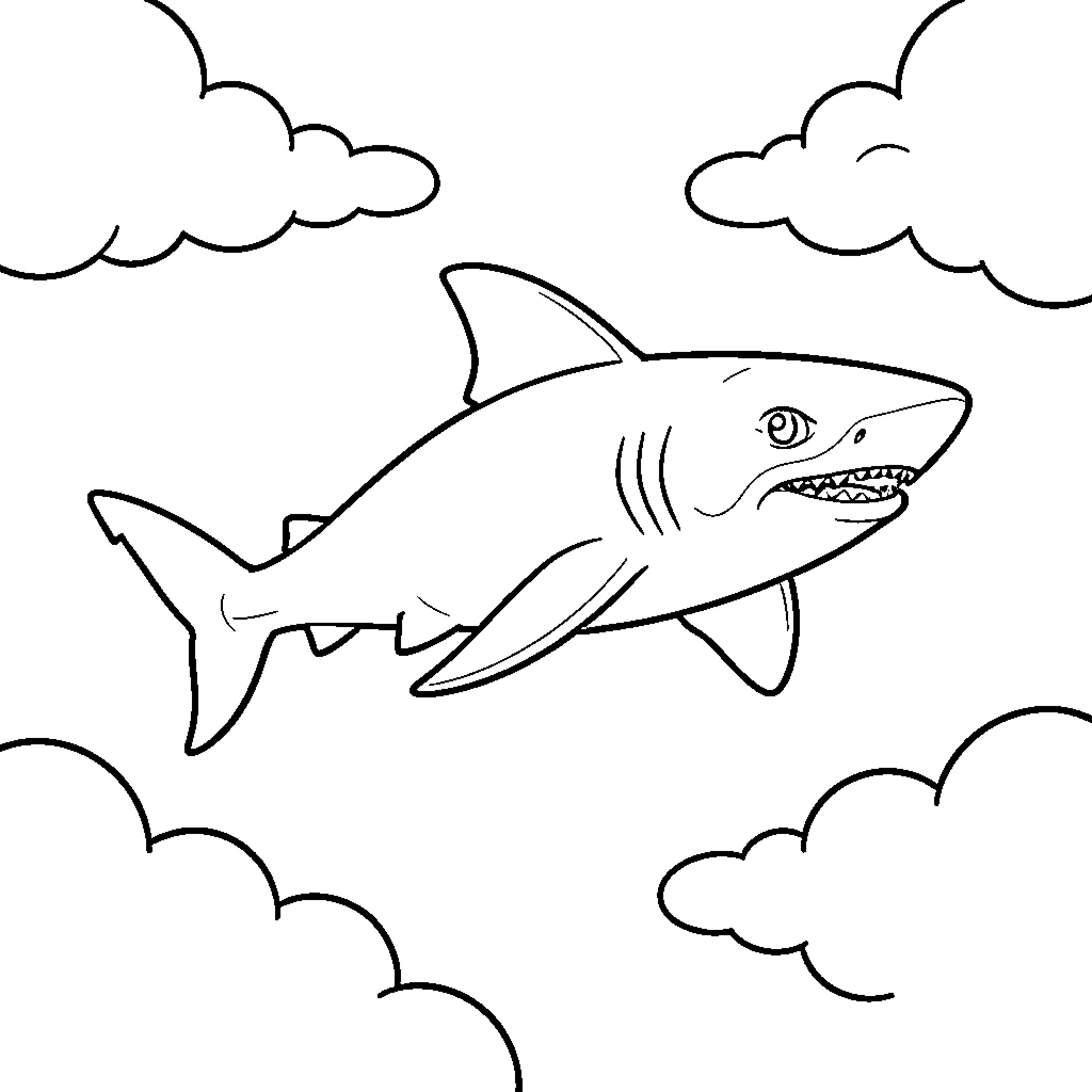 Shark swimming through a sky of clouds Coloring Page (free black-and-white line drawing printable PDF for all, from beginners to advanced learners, including children, teens, adults, and seniors)