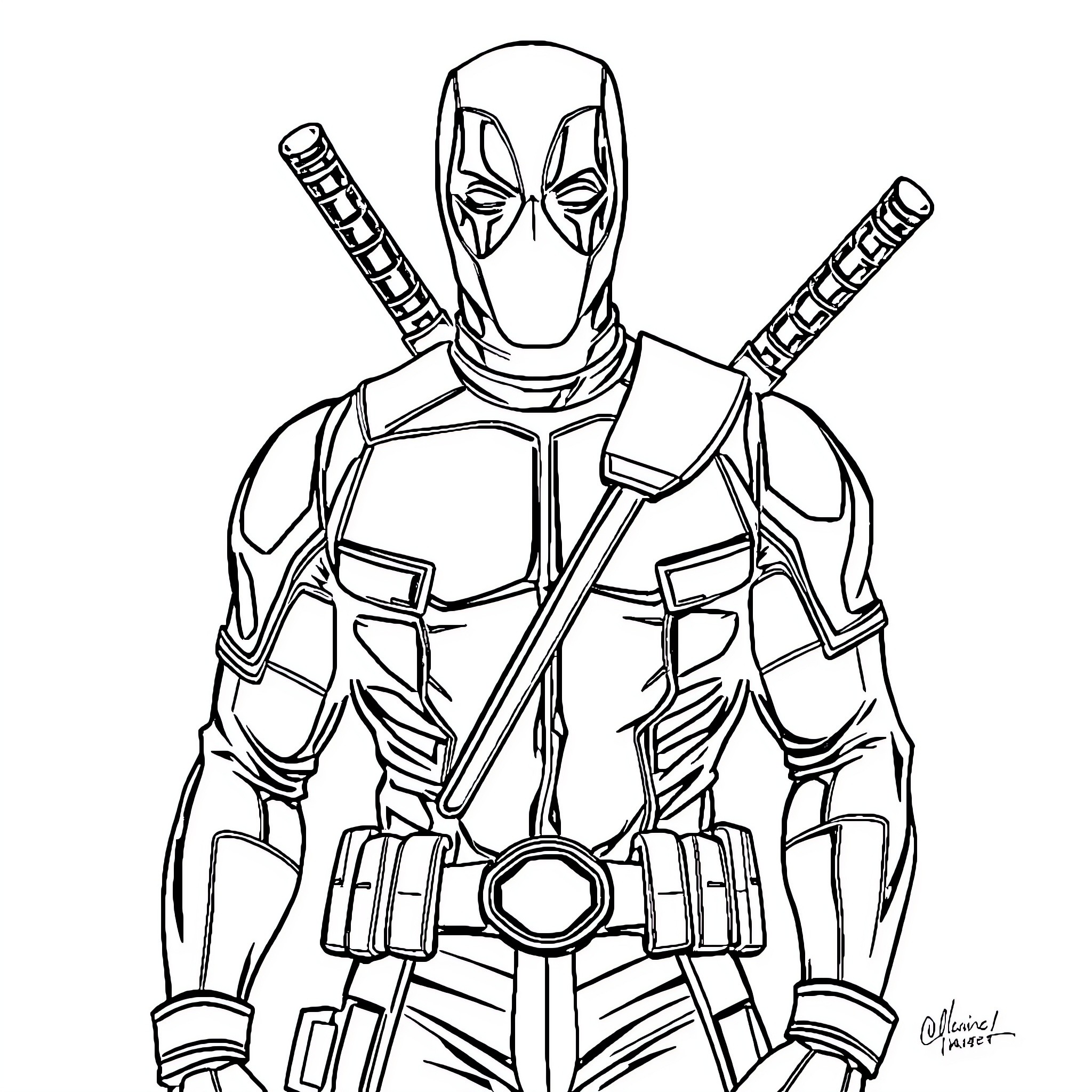 Deadpool wielding weapons in combat stance Coloring Page (free black-and-white line drawing printable PDF for all, from beginners to advanced learners, including children, teens, adults, and seniors)