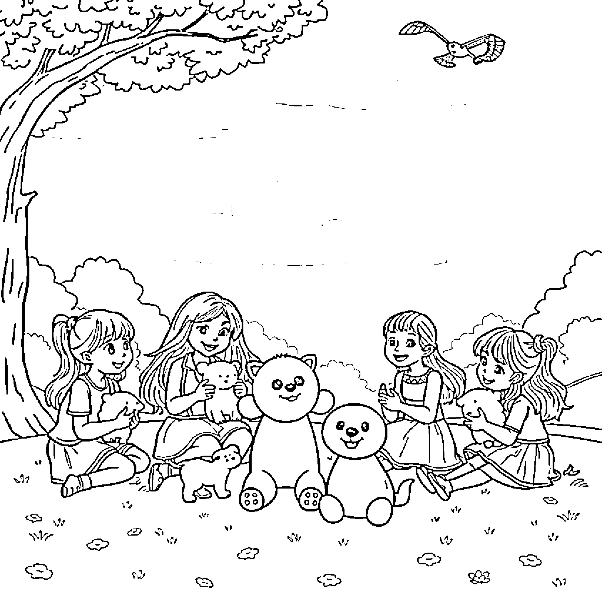 Girl playing with friends and toys in a park Coloring Page (free black-and-white line drawing printable PDF for all, from beginners to advanced learners, including children, teens, adults, and seniors)