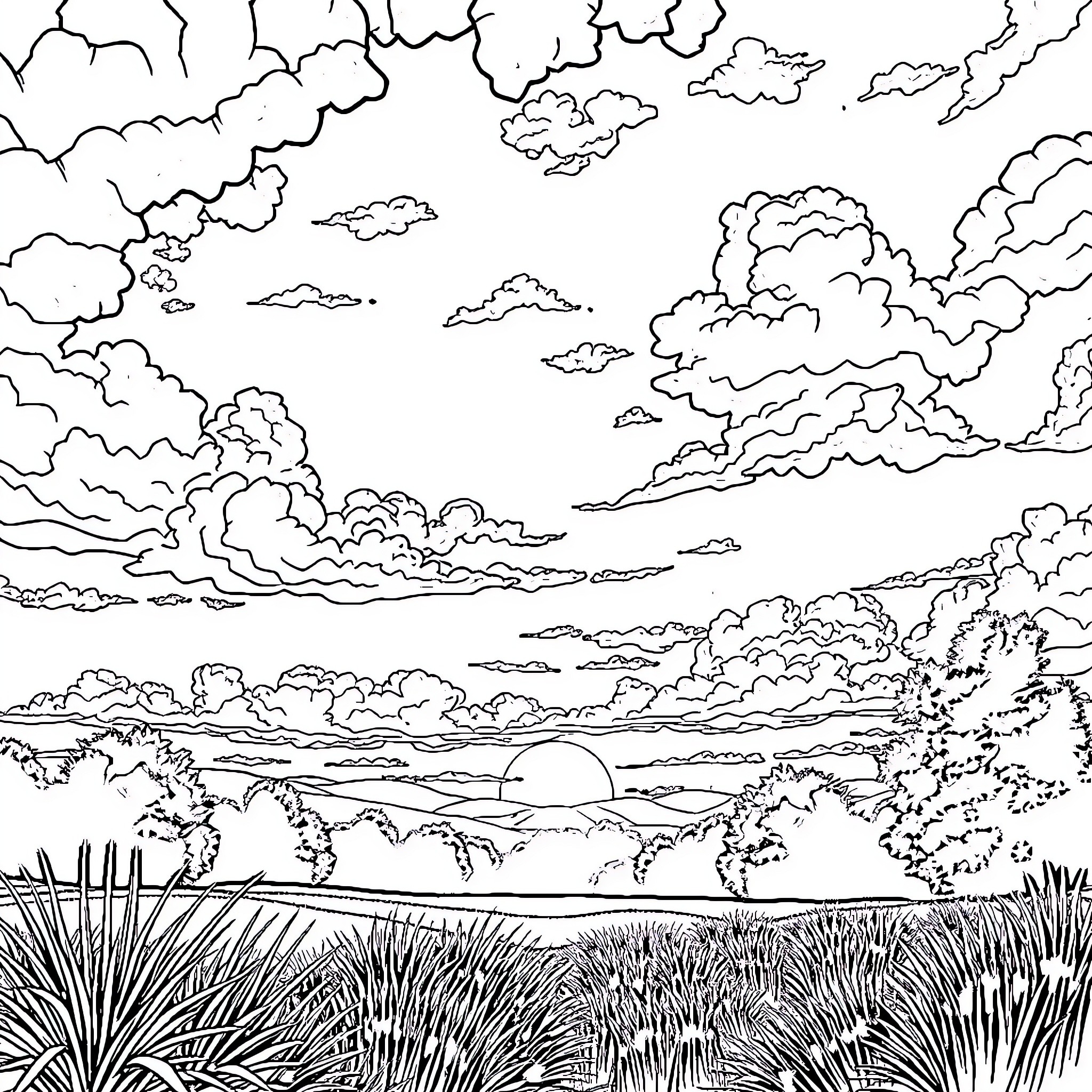 Scenery of a cloudy landscape with a sunset view Coloring Page (free black-and-white line drawing printable PDF for all, from beginners to advanced learners, including children, teens, adults, and seniors)