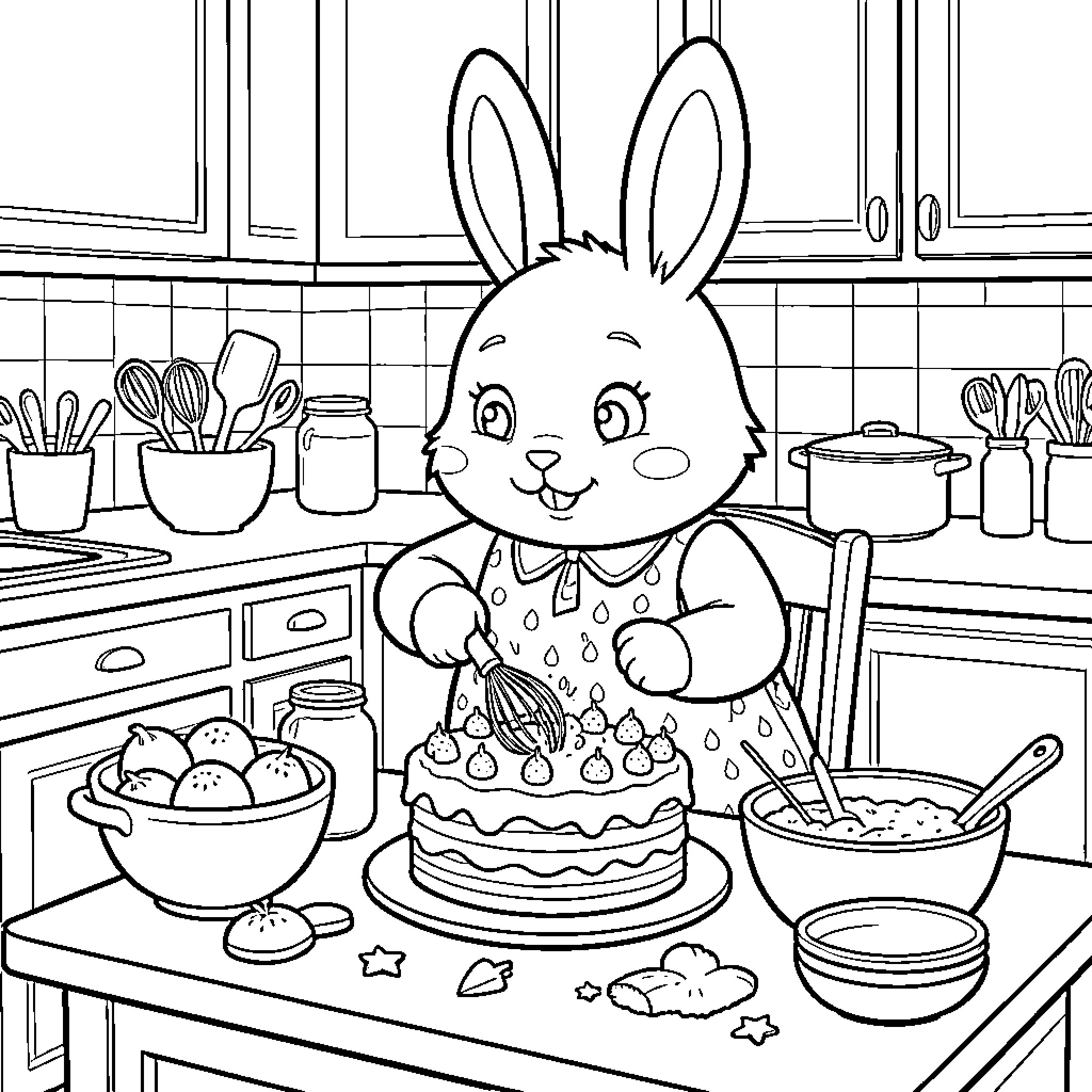 Rabbit wearing an apron baking a delicious cake Coloring Page (free black-and-white line drawing printable PDF for all, from beginners to advanced learners, including children, teens, adults, and seniors)