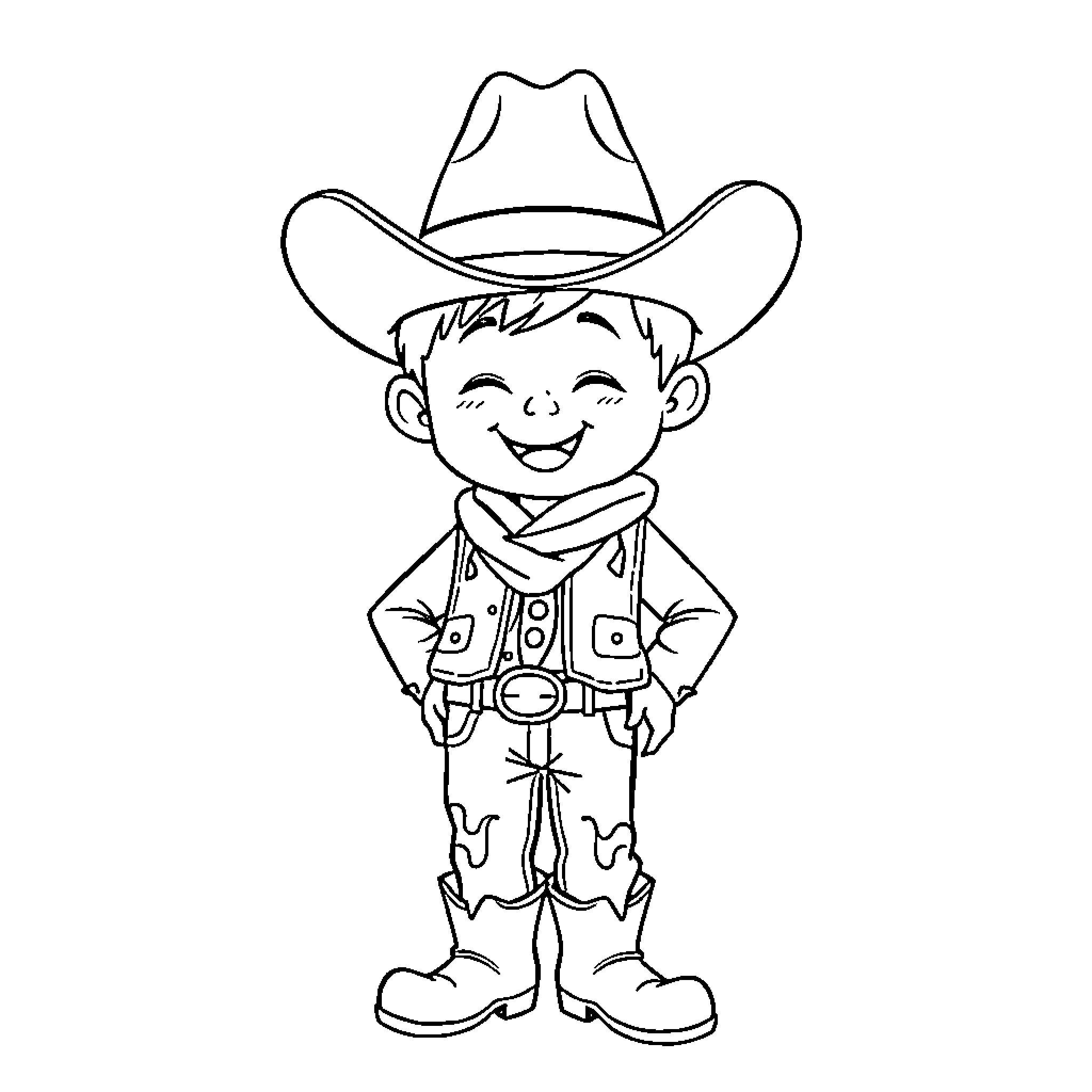 Boy wearing cowboy outfit and grinning happily Coloring Page (free black-and-white line drawing printable PDF for all, from beginners to advanced learners, including children, teens, adults, and seniors)