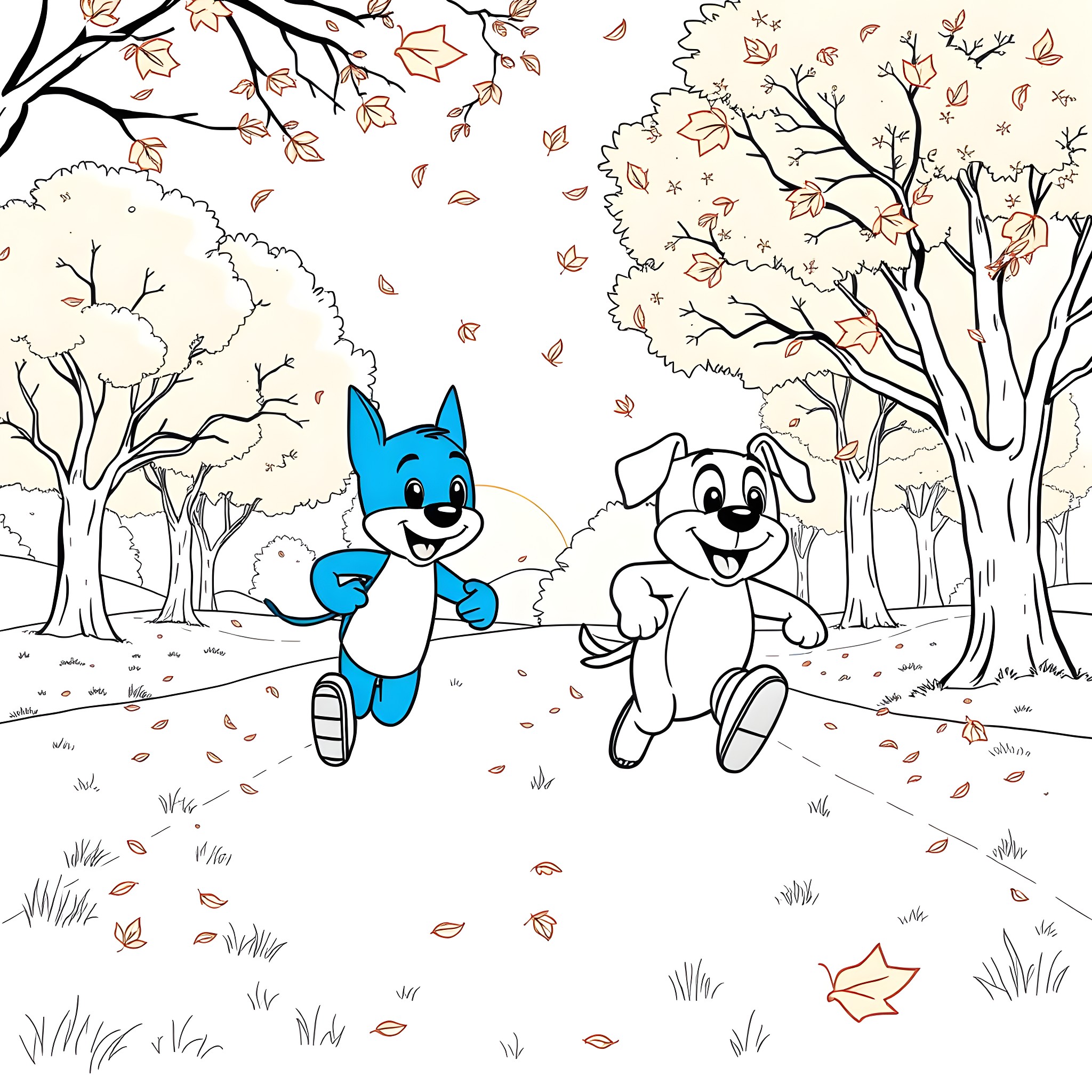 Bluey and Friends Frolic in Autumn Wonderland Coloring Page (free black-and-white line drawing printable PDF for all, from beginners to advanced learners, including children, teens, adults, and seniors)