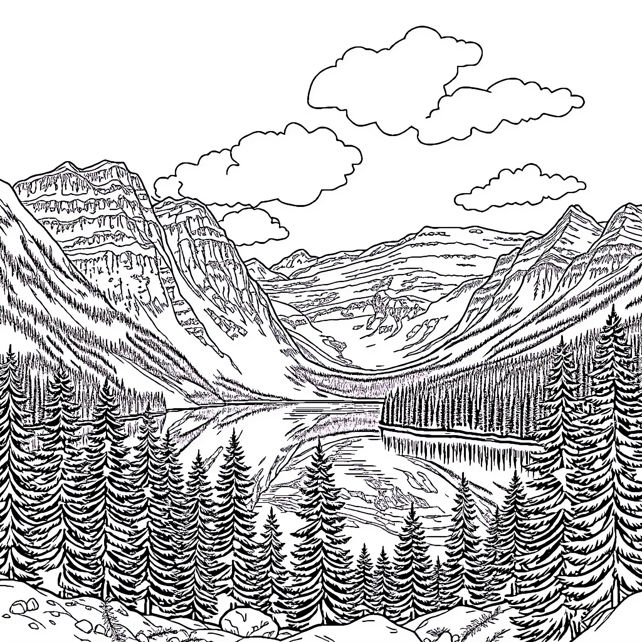 Lake surrounded by majestic mountain landscape Coloring Page (free black-and-white line drawing printable PDF for all, from beginners to advanced learners, including children, teens, adults, and seniors)
