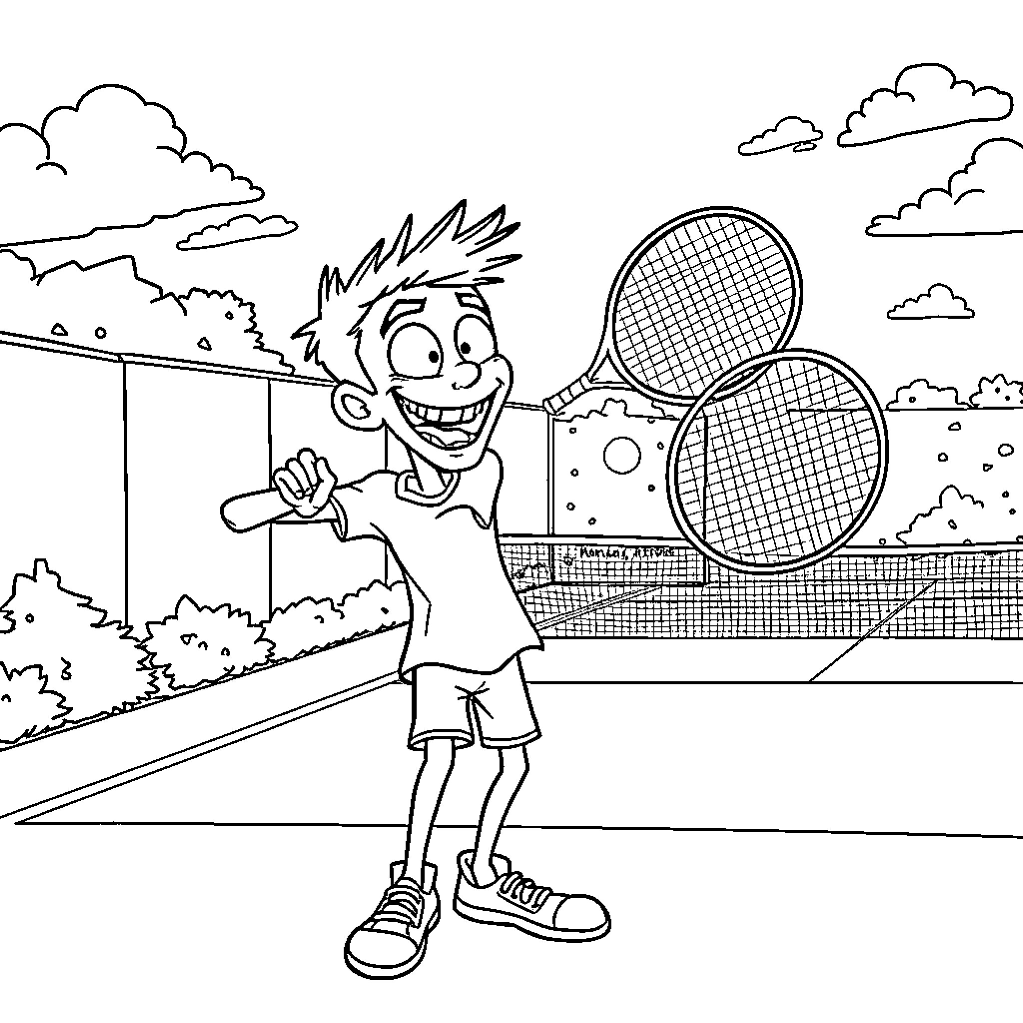 Jacksepticeye playing tennis with enthusiasm Coloring Page (free black-and-white line drawing printable PDF for all, from beginners to advanced learners, including children, teens, adults, and seniors)