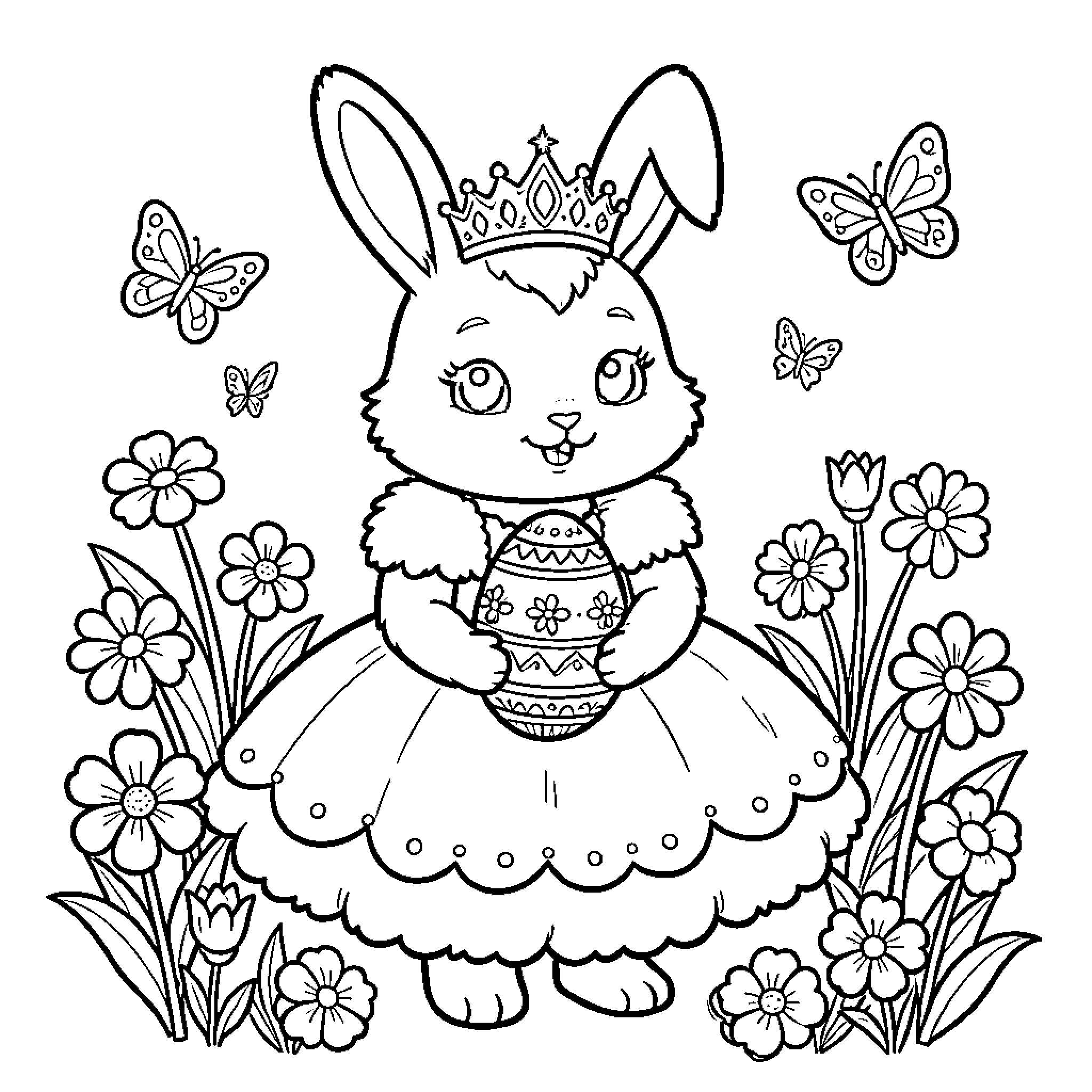 Bunny wearing a crown in a flowery garden Coloring Page (free black-and-white line drawing printable PDF for all, from beginners to advanced learners, including children, teens, adults, and seniors)