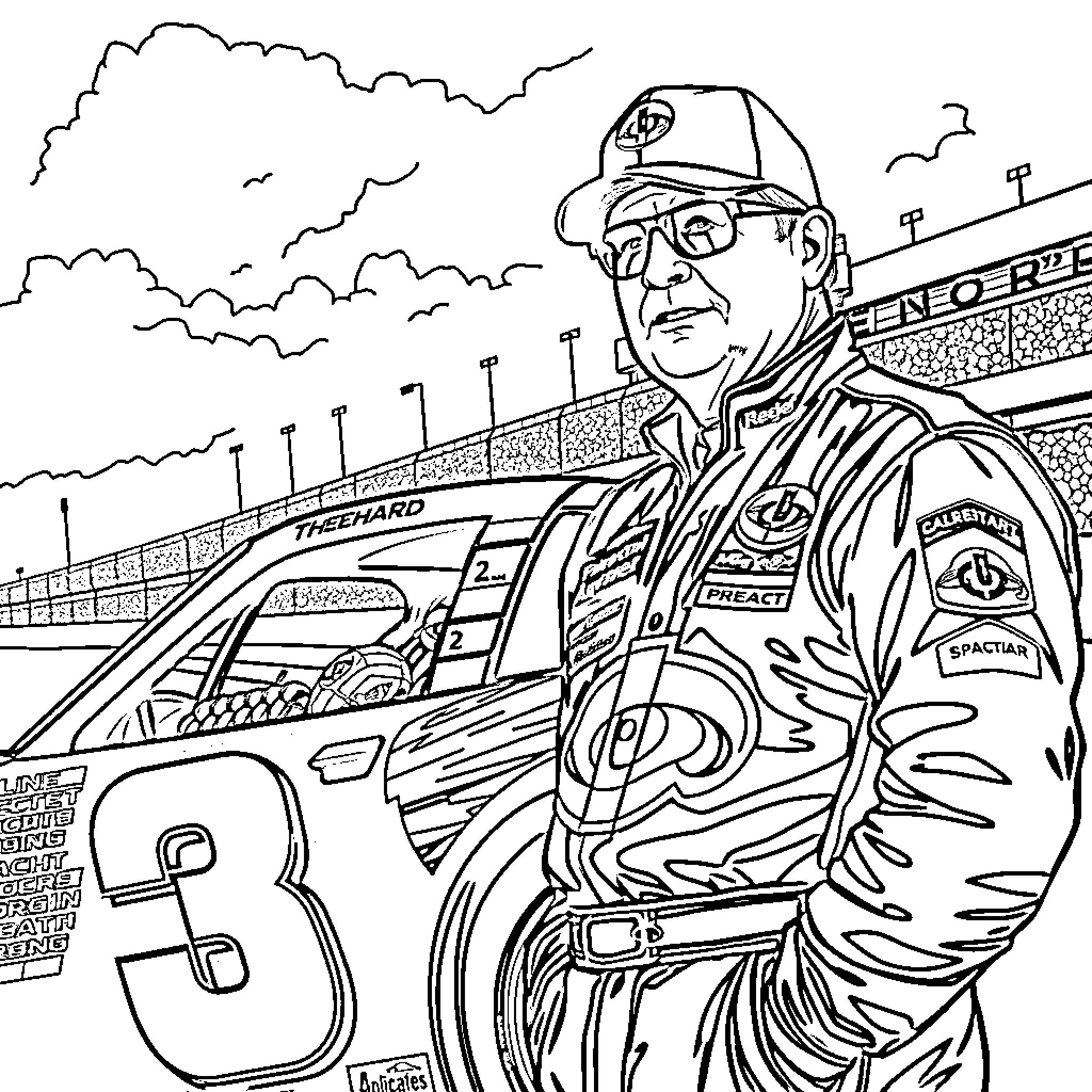 Dale Earnhardt Portrayal in Racing Gear and Surroundings Coloring Page (free black-and-white line drawing printable PDF for all, from beginners to advanced learners, including children, teens, adults, and seniors)