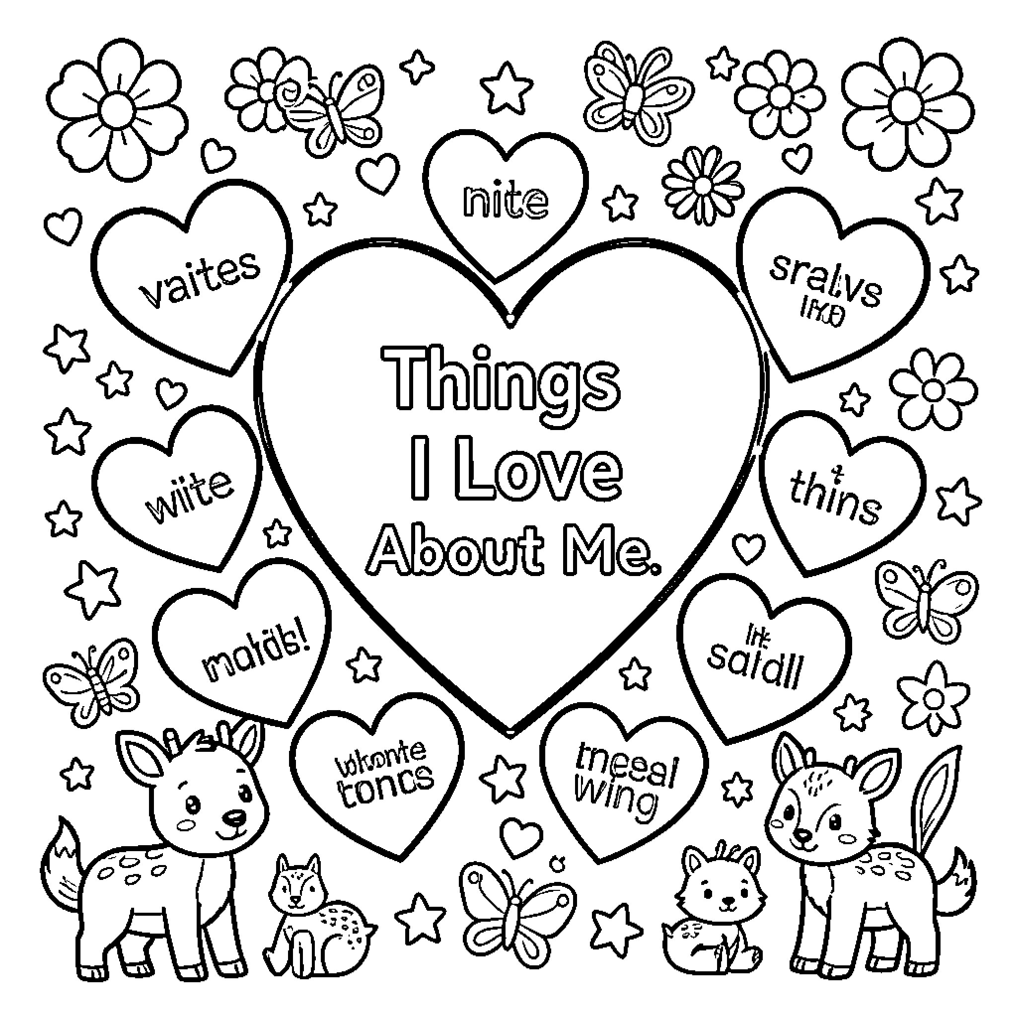 Heart shaped collection of whimsical nature elements and text Coloring Page (free black-and-white line drawing printable PDF for all, from beginners to advanced learners, including children, teens, adults, and seniors)