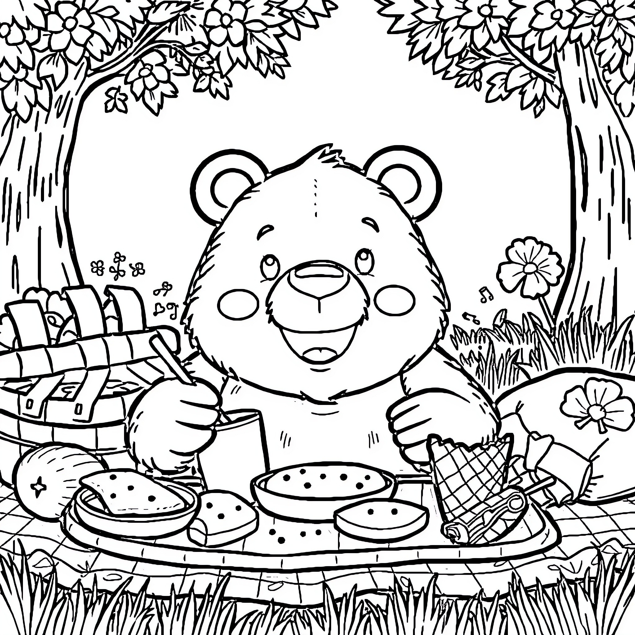 Bear Enjoying a Picnic in the Forest Coloring Page (free black-and-white line drawing printable PDF for all, from beginners to advanced learners, including children, teens, adults, and seniors)
