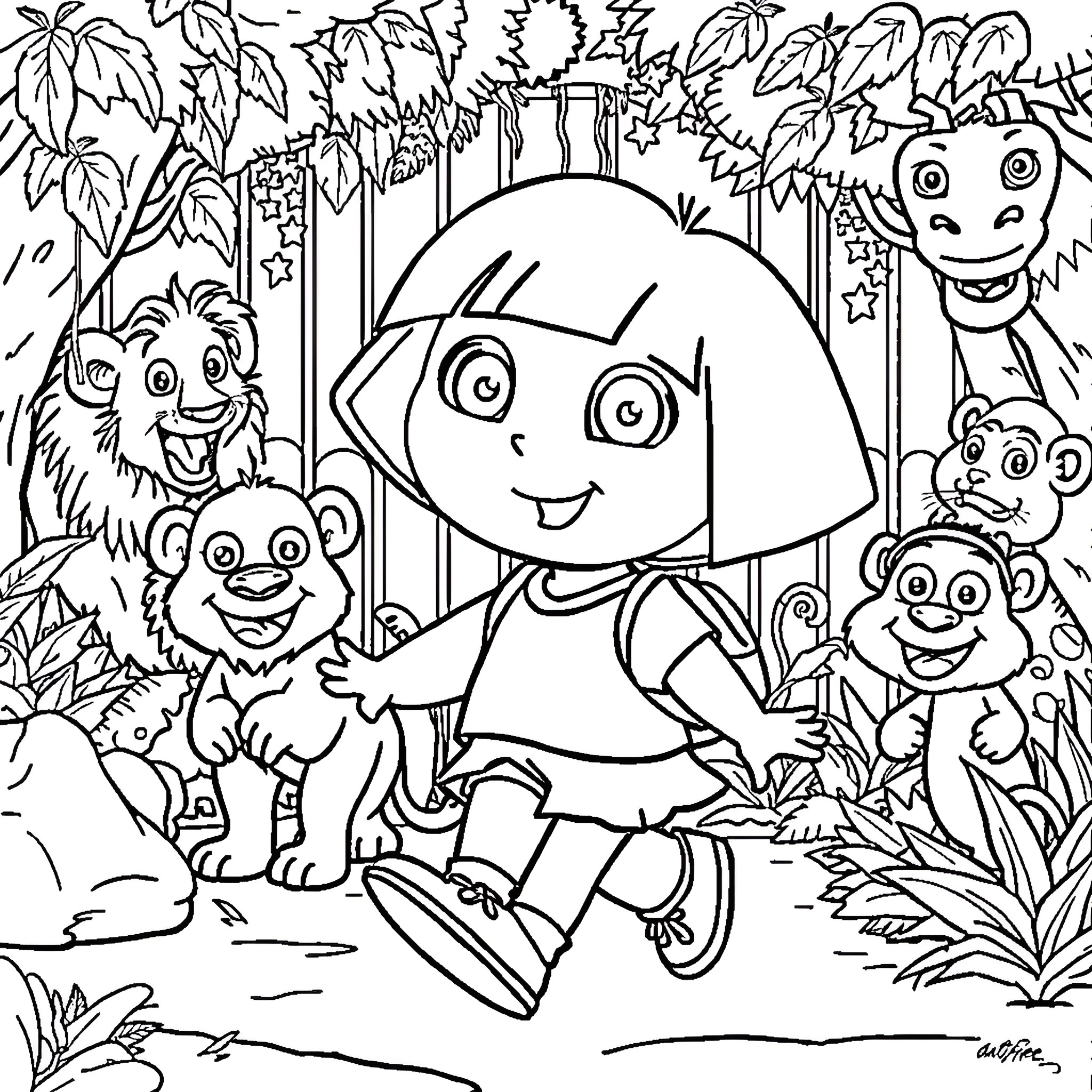 Dora exploring the jungle with animal friends Coloring Page (free black-and-white line drawing printable PDF for all, from beginners to advanced learners, including children, teens, adults, and seniors)