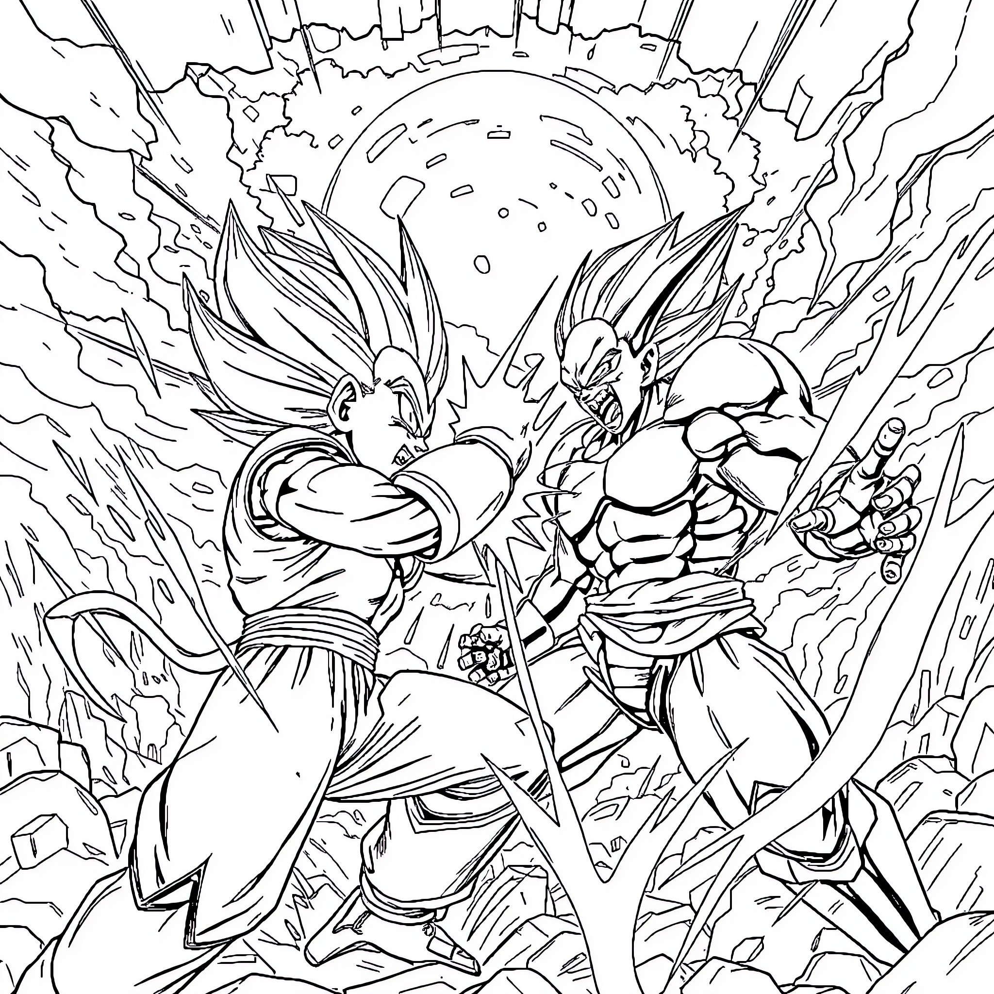 Vegeta's Intense Confrontation with Adversary Coloring Page (free black-and-white line drawing printable PDF for all, from beginners to advanced learners, including children, teens, adults, and seniors)