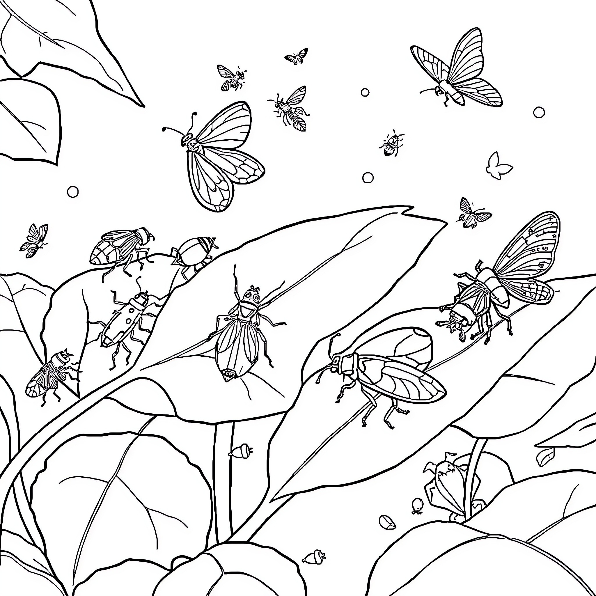Insect friends interacting in a natural scene Coloring Page (free black-and-white line drawing printable PDF for all, from beginners to advanced learners, including children, teens, adults, and seniors)