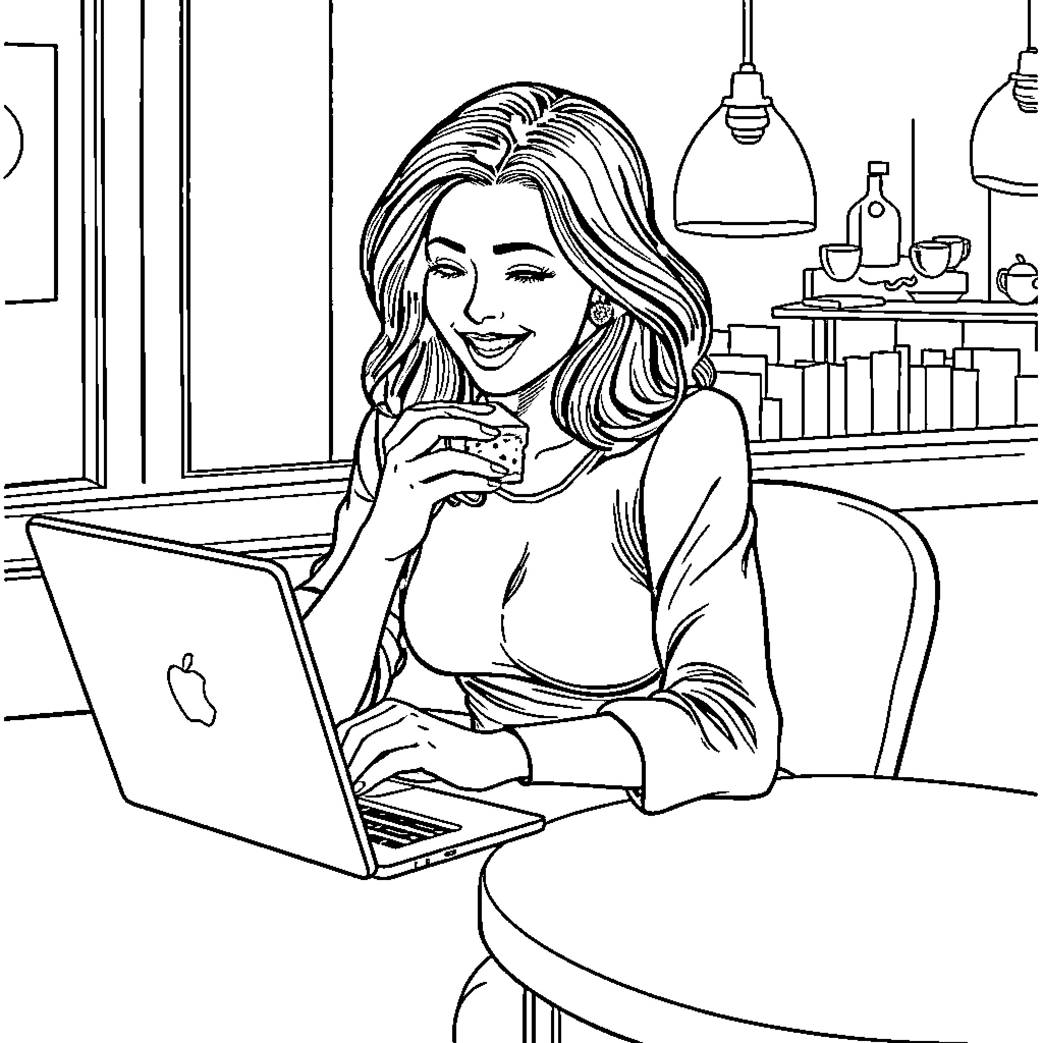 Lady smiling while working on laptop in cozy room Coloring Page (free black-and-white line drawing printable PDF for all, from beginners to advanced learners, including children, teens, adults, and seniors)