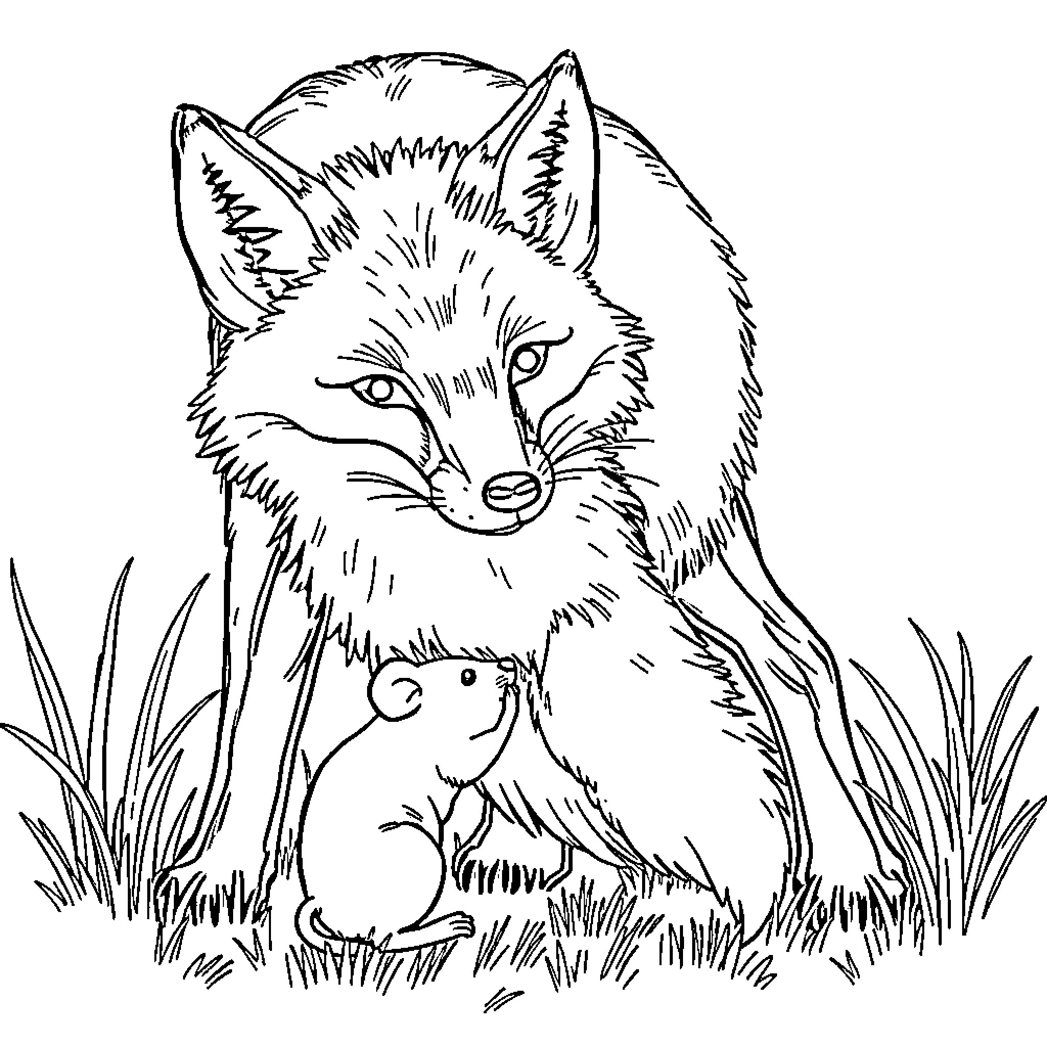 Mouse and Fox in the Grass Coloring Page (free black-and-white line drawing printable PDF for all, from beginners to advanced learners, including children, teens, adults, and seniors)