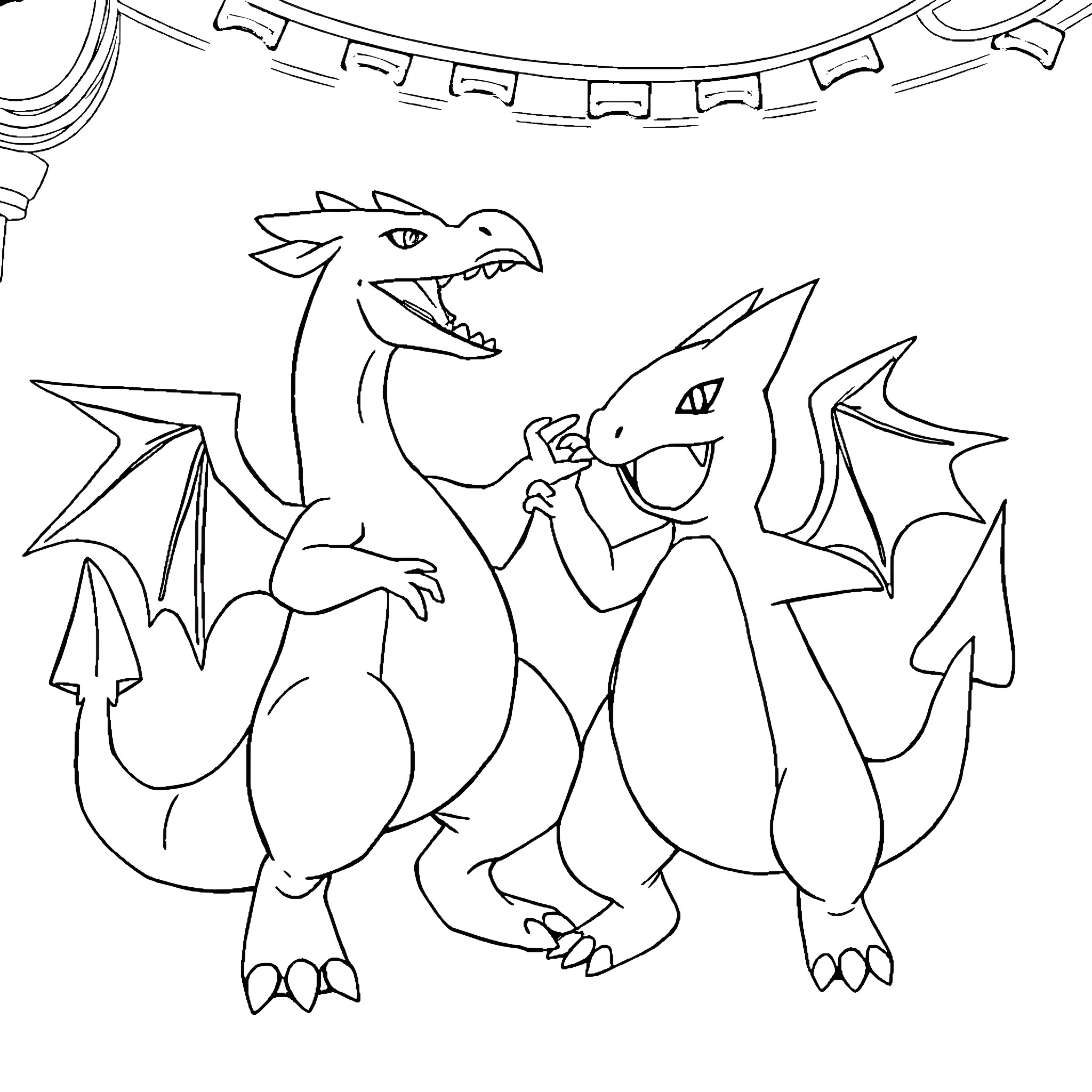Charizard and Dragonite in Playful Battle Coloring Page (free black-and-white line drawing printable PDF for all, from beginners to advanced learners, including children, teens, adults, and seniors)