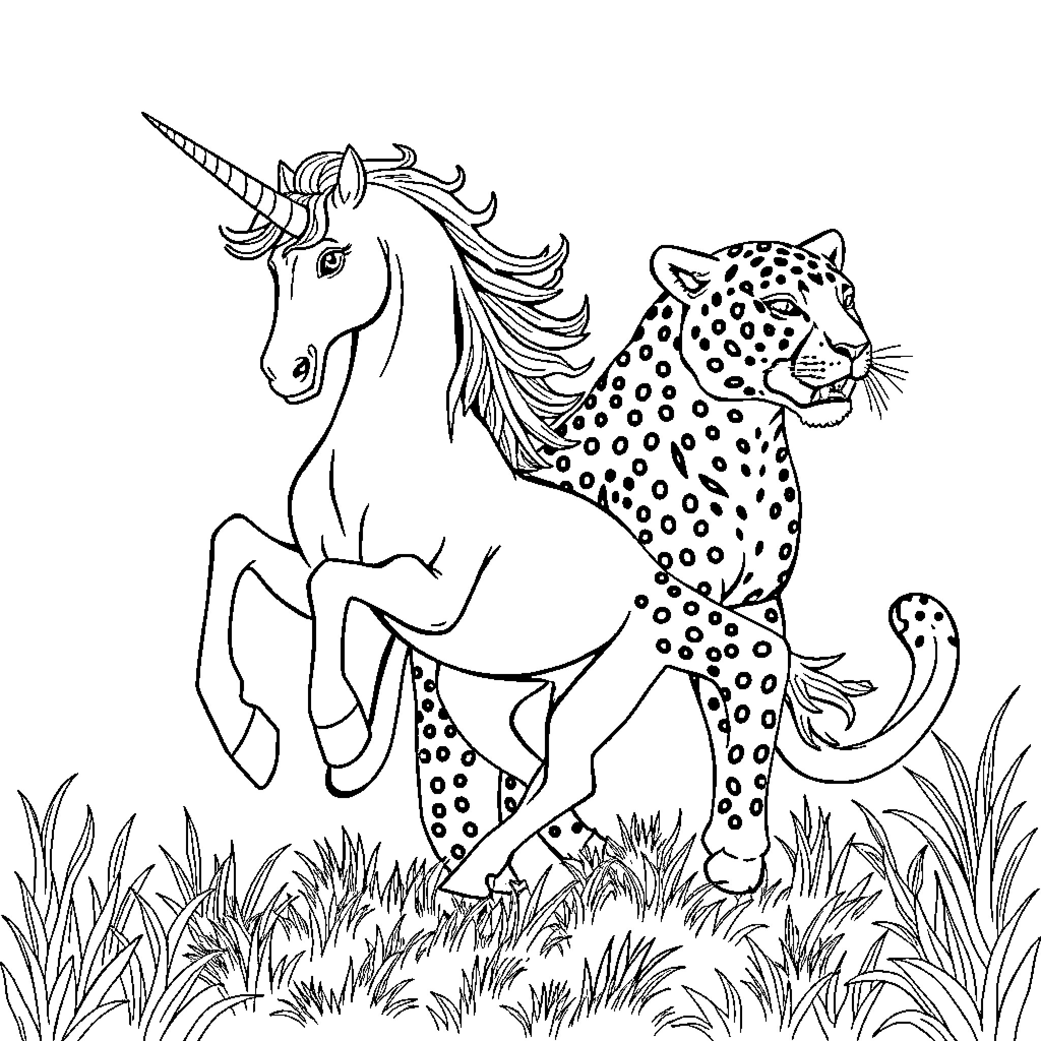 Unicorn and Leopard Companions in the Wild Coloring Page (free black-and-white line drawing printable PDF for all, from beginners to advanced learners, including children, teens, adults, and seniors)