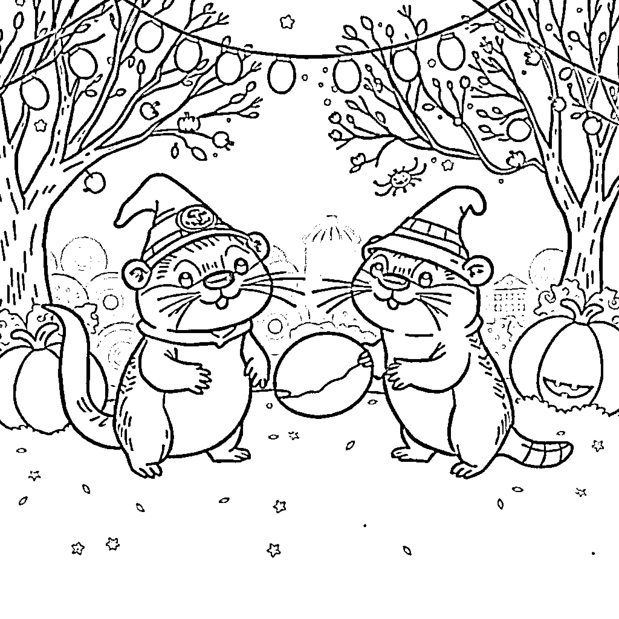 Otter Witches Celebrating in Magical Forest Coloring Page (free black-and-white line drawing printable PDF for all, from beginners to advanced learners, including children, teens, adults, and seniors)