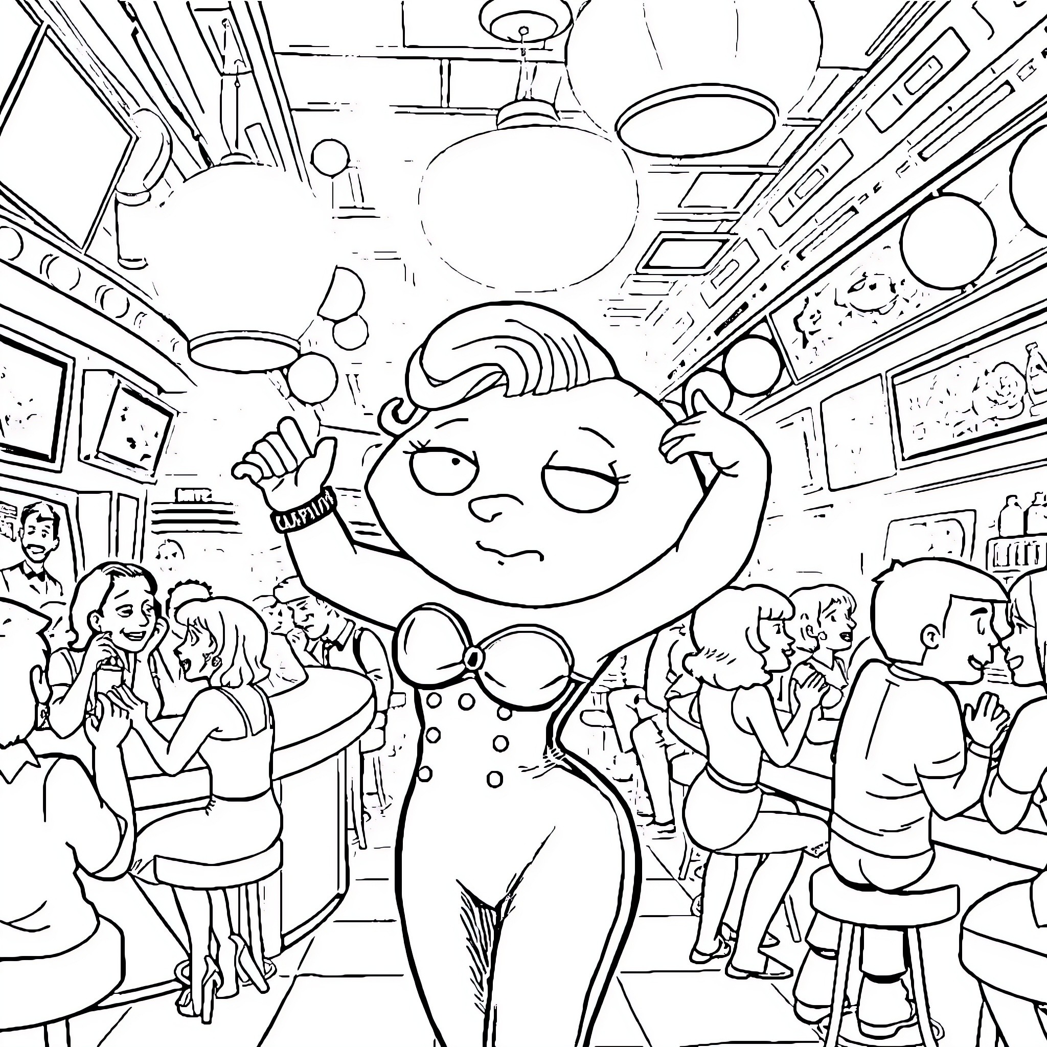 Stewie Griffin causing mischief in a crowded setting Coloring Page (free black-and-white line drawing printable PDF for all, from beginners to advanced learners, including children, teens, adults, and seniors)