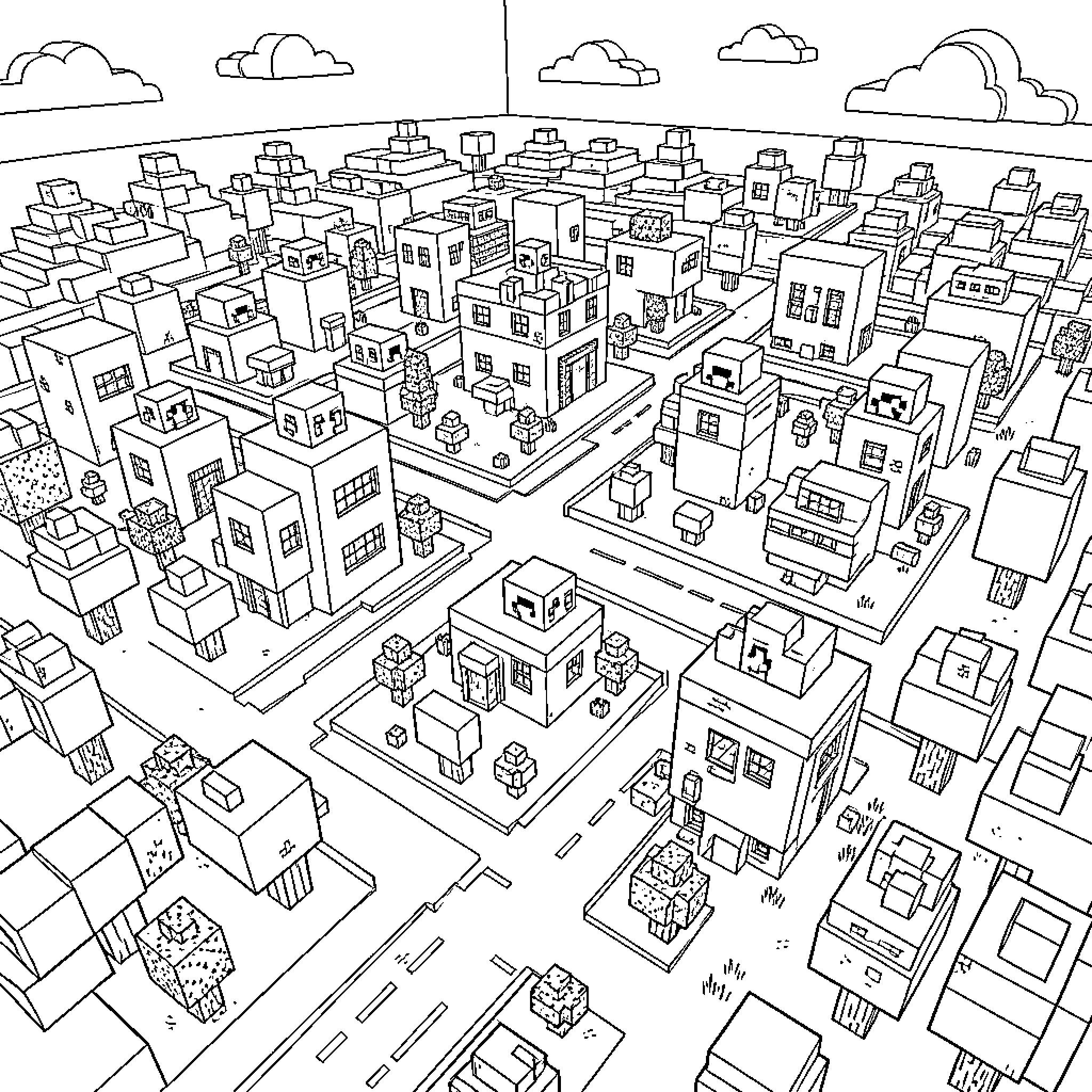 Minecraft character buildings making up a busy city scene Coloring Page (free black-and-white line drawing printable PDF for all, from beginners to advanced learners, including children, teens, adults, and seniors)