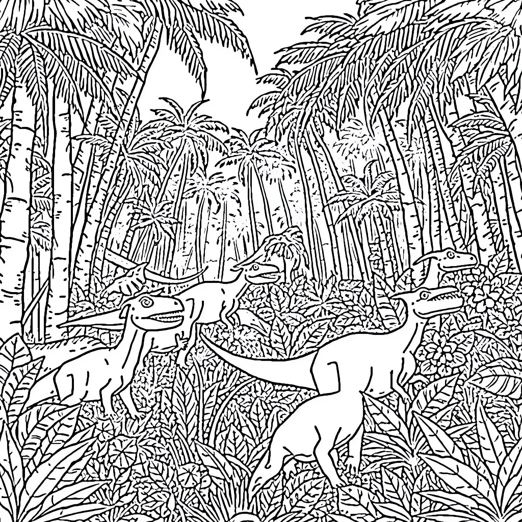 Dinosaurs exploring the lush jungle landscape Coloring Page (free black-and-white line drawing printable PDF for all, from beginners to advanced learners, including children, teens, adults, and seniors)