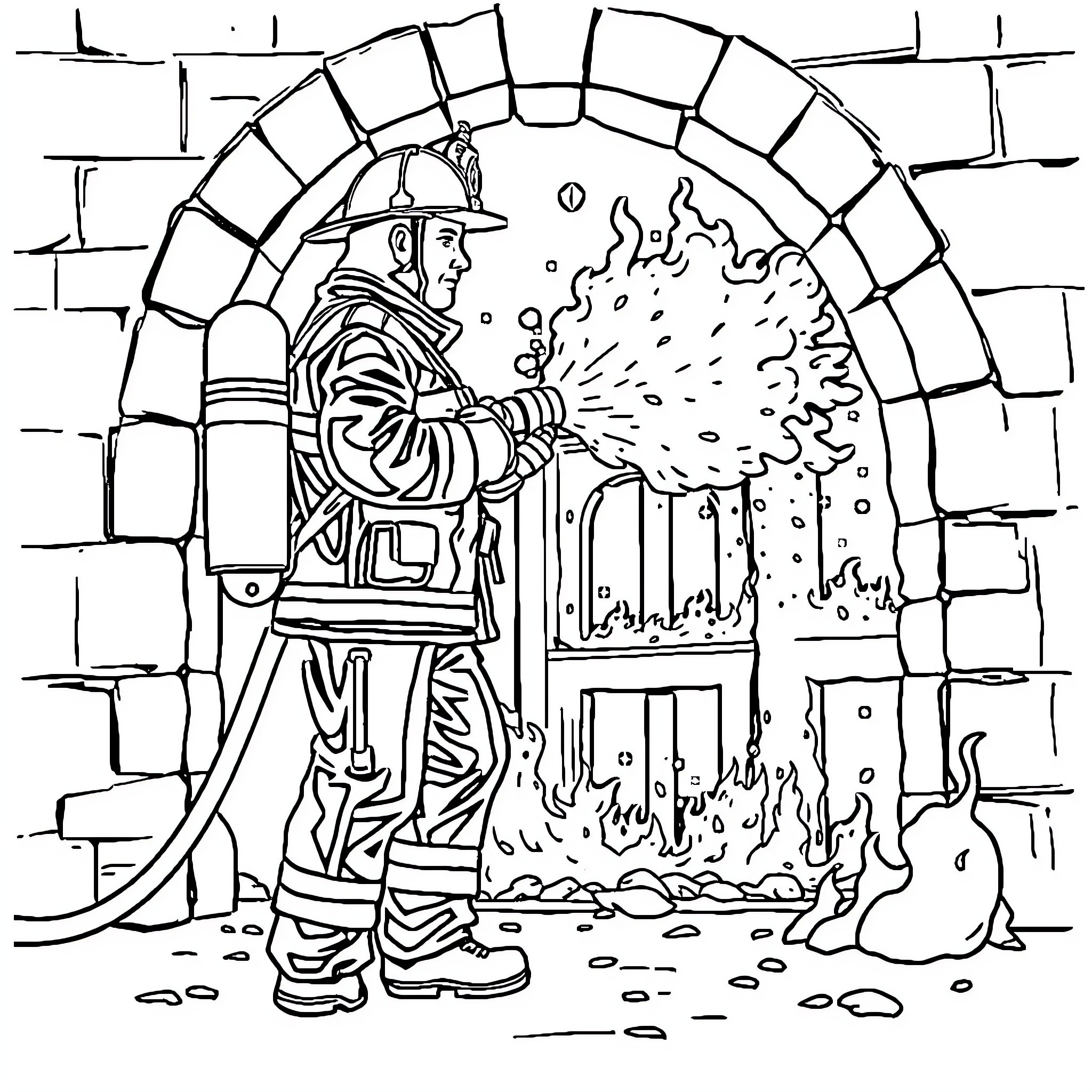Firefighter bravely battling a blaze Coloring Page (free black-and-white line drawing printable PDF for all, from beginners to advanced learners, including children, teens, adults, and seniors)