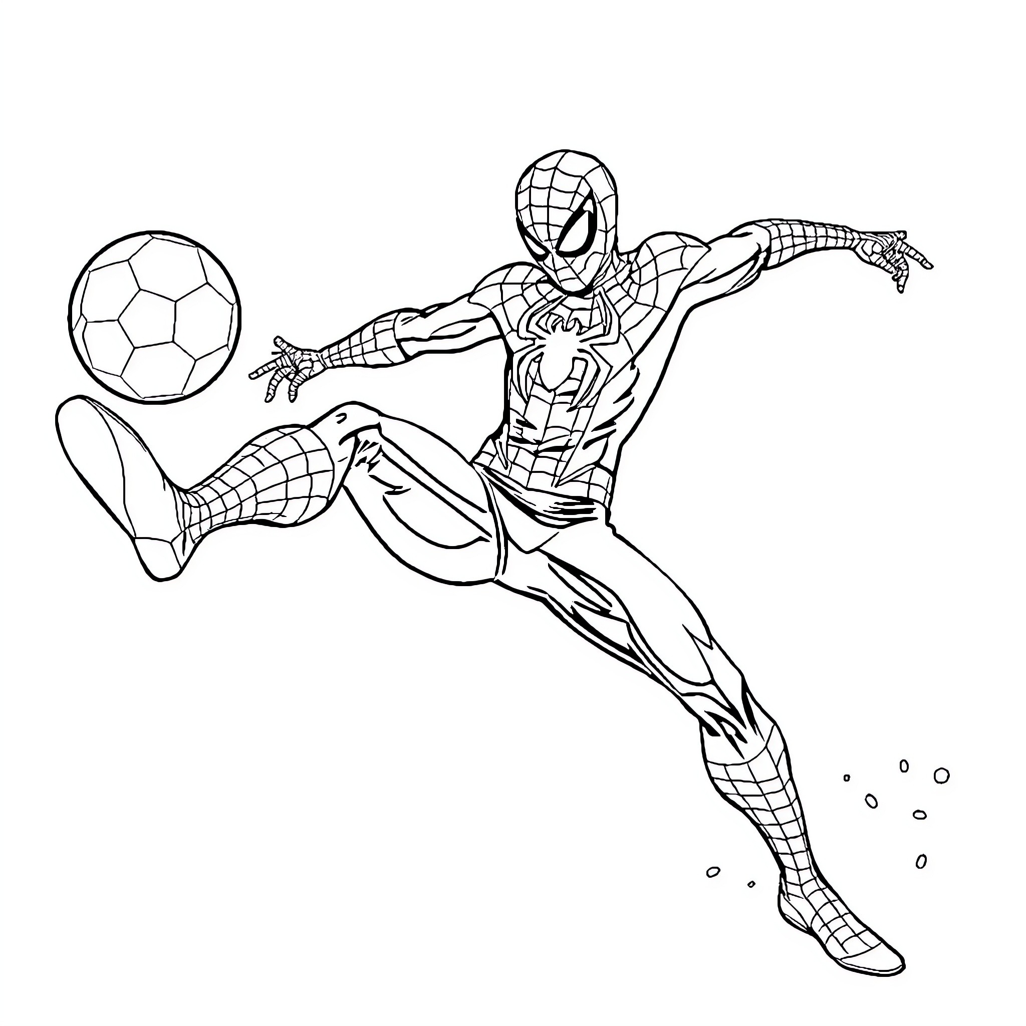 Spider-Man playing with soccer ball Coloring Page (free black-and-white line drawing printable PDF for all, from beginners to advanced learners, including children, teens, adults, and seniors)