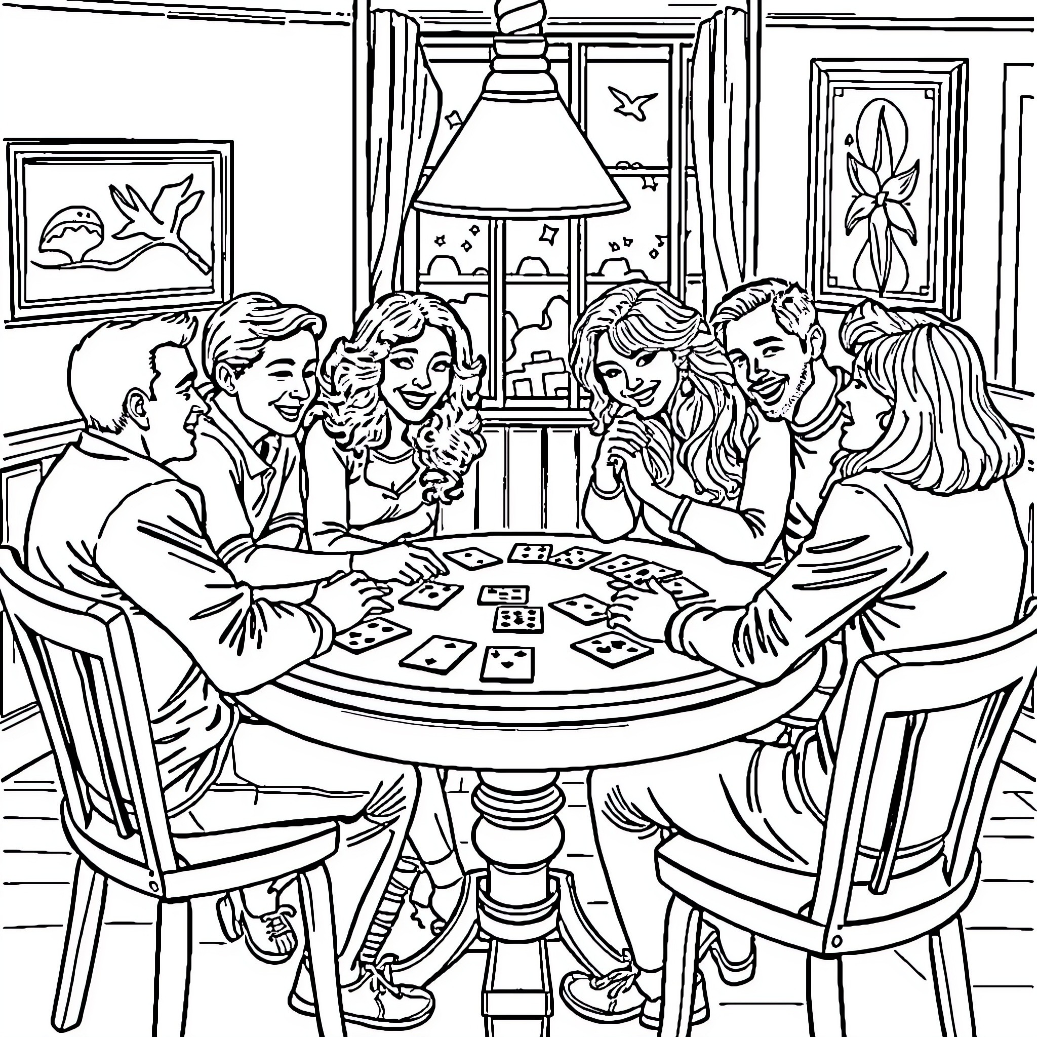 Girl Friends Playing Cards Together in Cozy Room Coloring Page (free black-and-white line drawing printable PDF for all, from beginners to advanced learners, including children, teens, adults, and seniors)