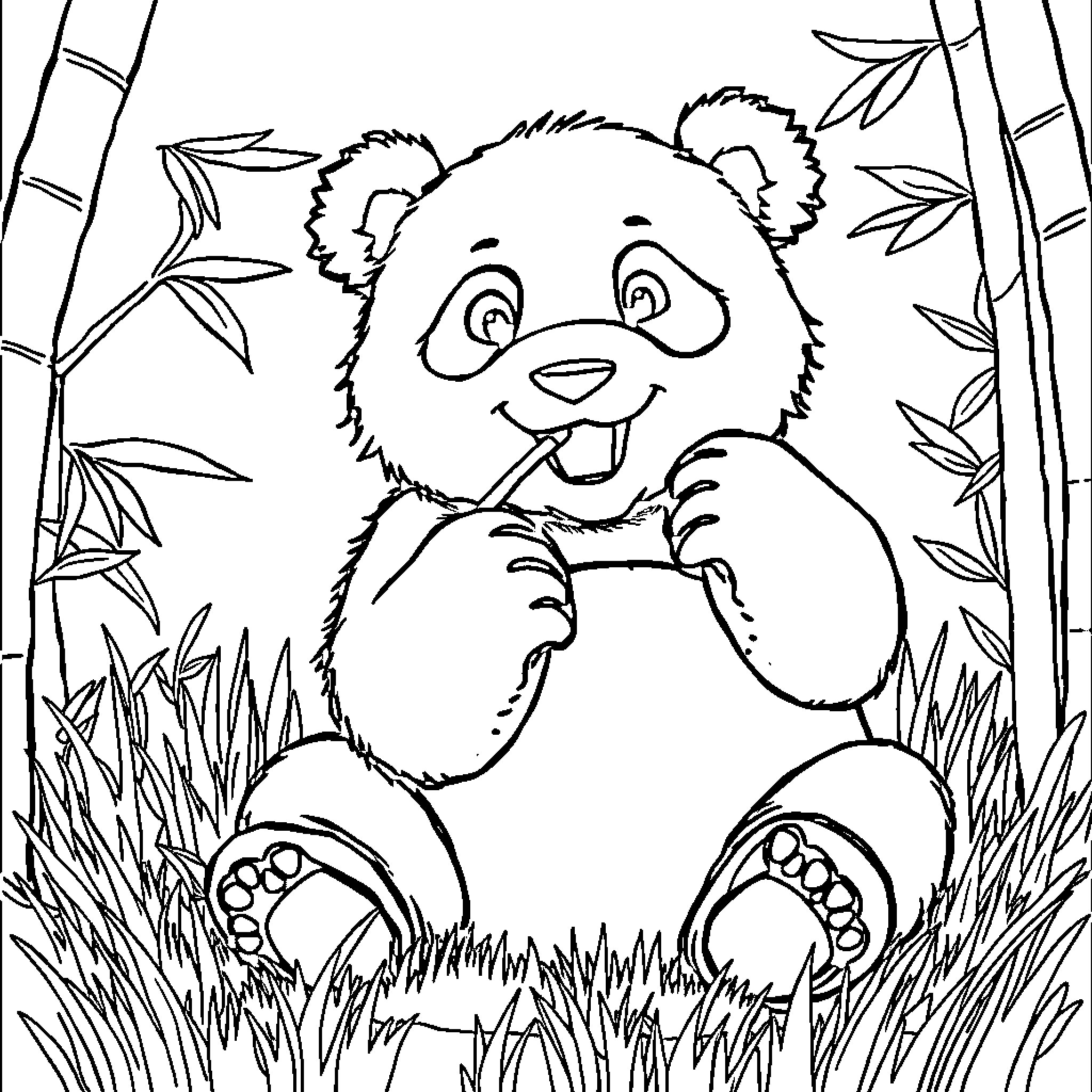Panda enjoying the bamboo forest Coloring Page (free black-and-white line drawing printable PDF for all, from beginners to advanced learners, including children, teens, adults, and seniors)