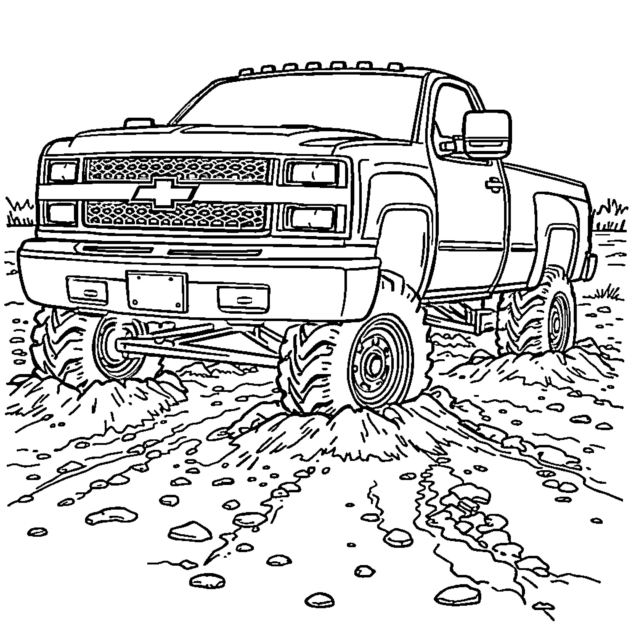 Truck driving off-road through muddy terrain Coloring Page (free black-and-white line drawing printable PDF for all, from beginners to advanced learners, including children, teens, adults, and seniors)