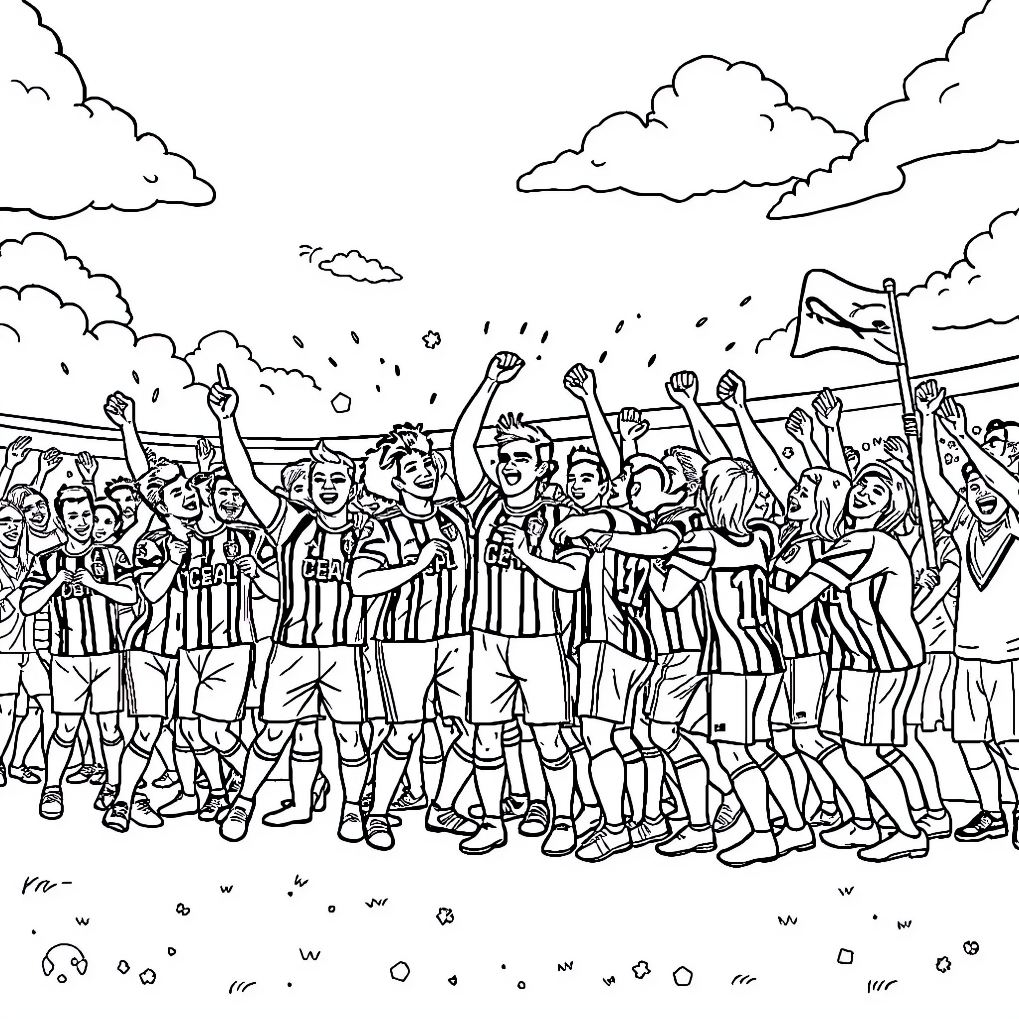 Colo Colo fans celebrating team's victory enthusiastically Coloring Page (free black-and-white line drawing printable PDF for all, from beginners to advanced learners, including children, teens, adults, and seniors)