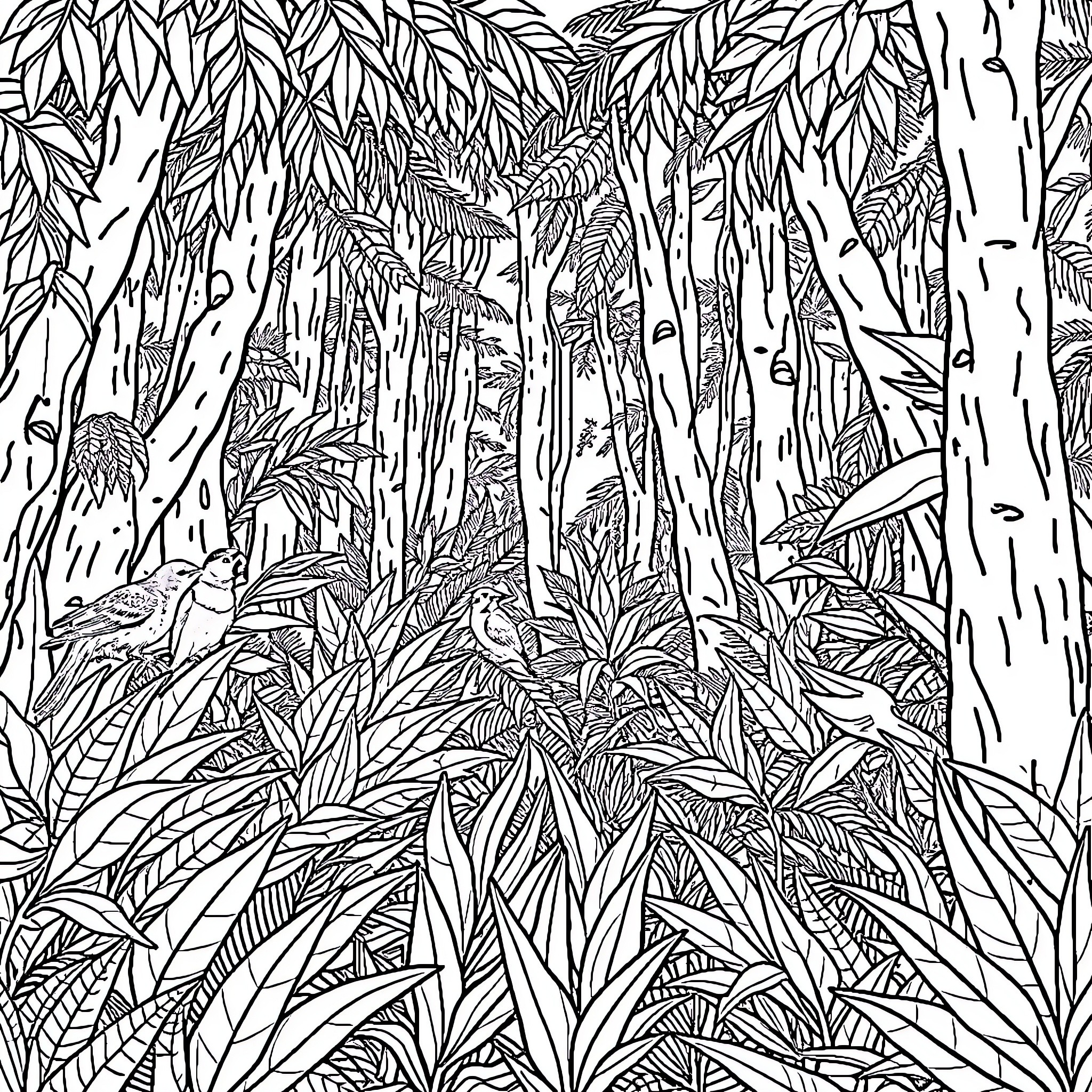 Jungle of Intricate Foliage and Textures Coloring Page (free black-and-white line drawing printable PDF for all, from beginners to advanced learners, including children, teens, adults, and seniors)