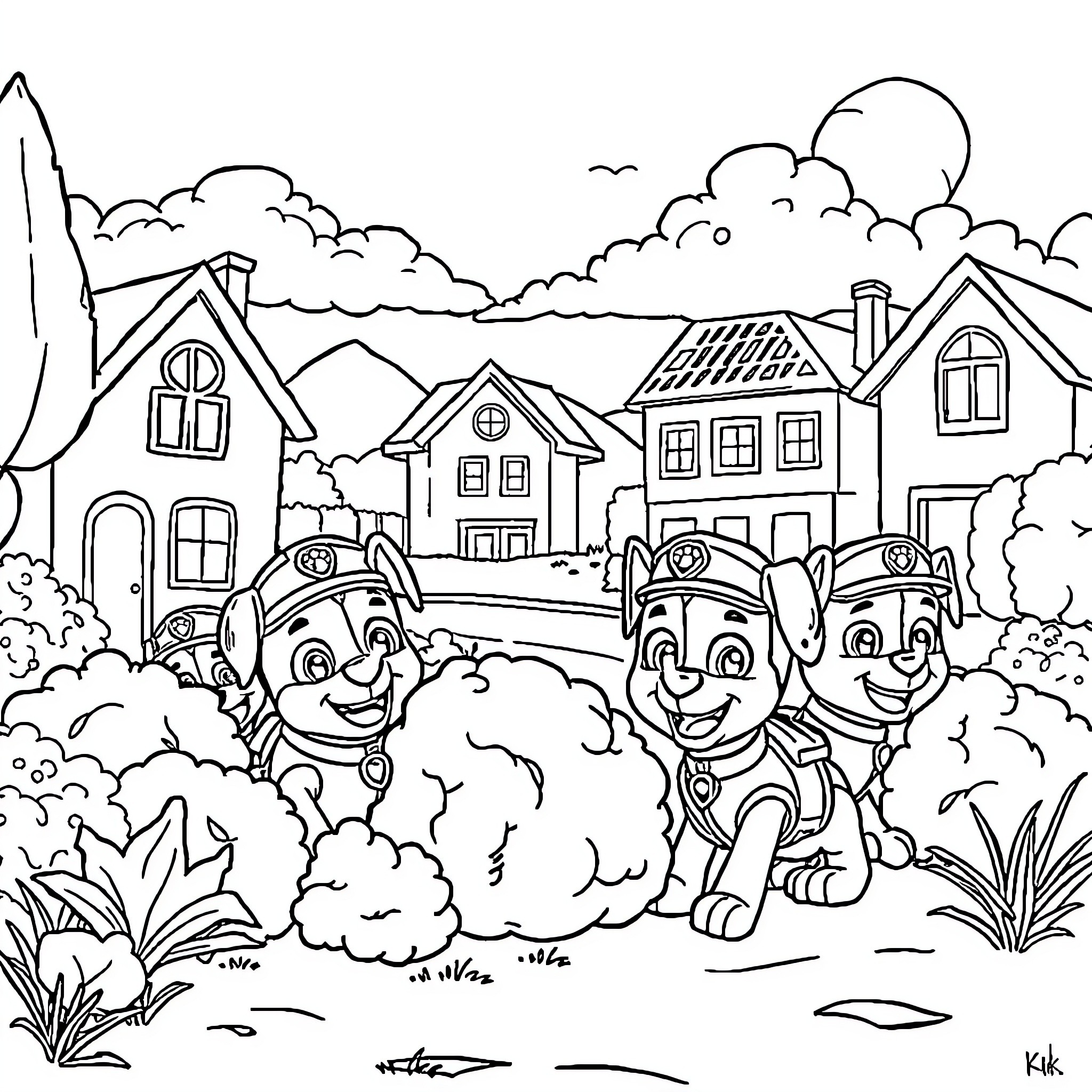 Paw Patrol Rescue Dogs in a Neighborhood Scene Coloring Page (free black-and-white line drawing printable PDF for all, from beginners to advanced learners, including children, teens, adults, and seniors)