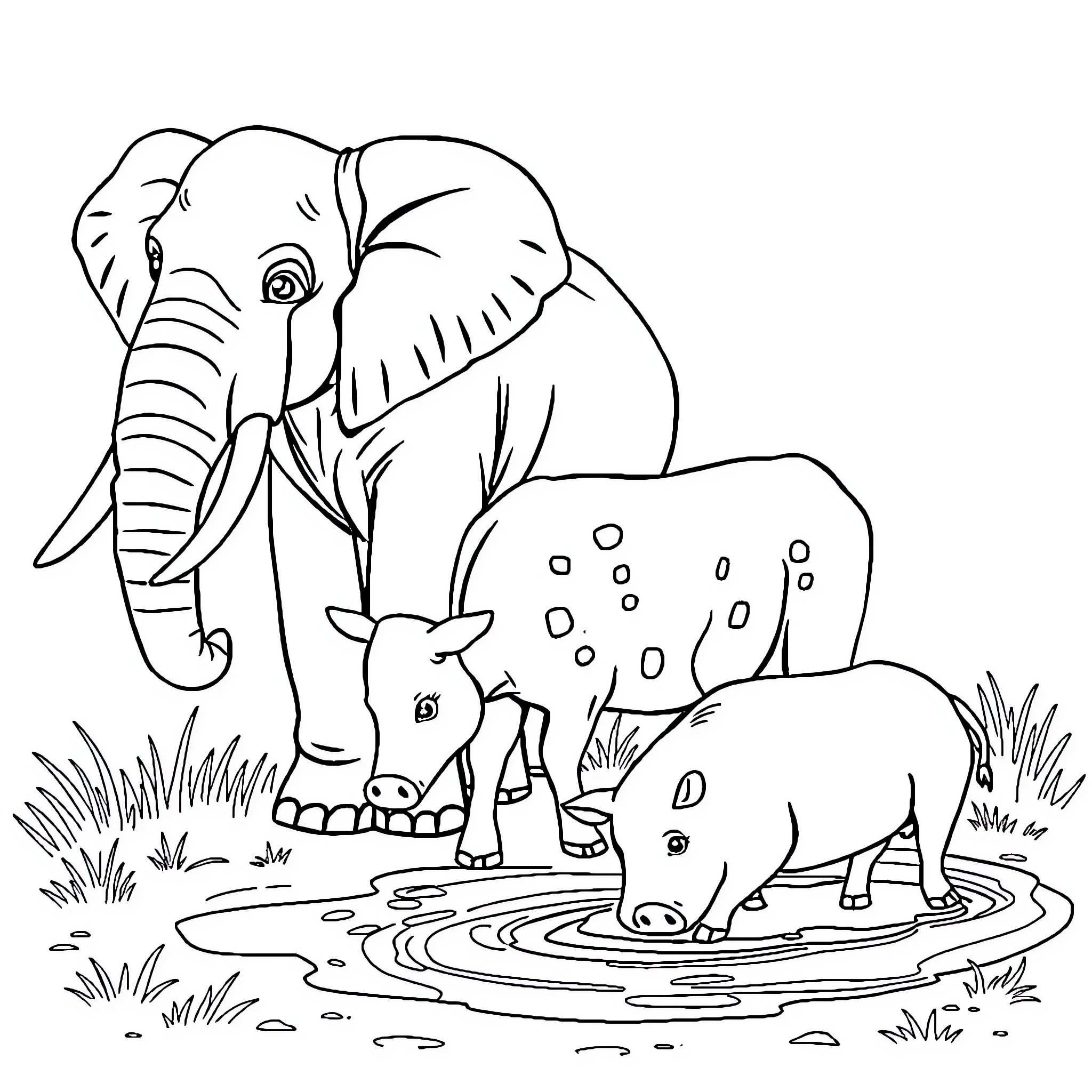 Elephant and family wading in water Coloring Page (free black-and-white line drawing printable PDF for all, from beginners to advanced learners, including children, teens, adults, and seniors)