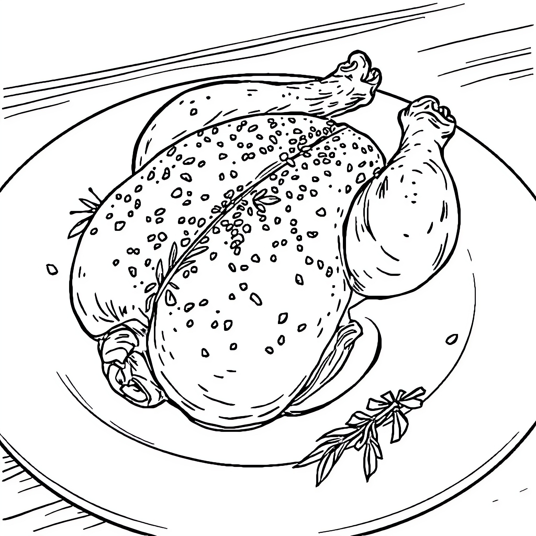 Chicken cooked with herbs on a plate Coloring Page (free black-and-white line drawing printable PDF for all, from beginners to advanced learners, including children, teens, adults, and seniors)