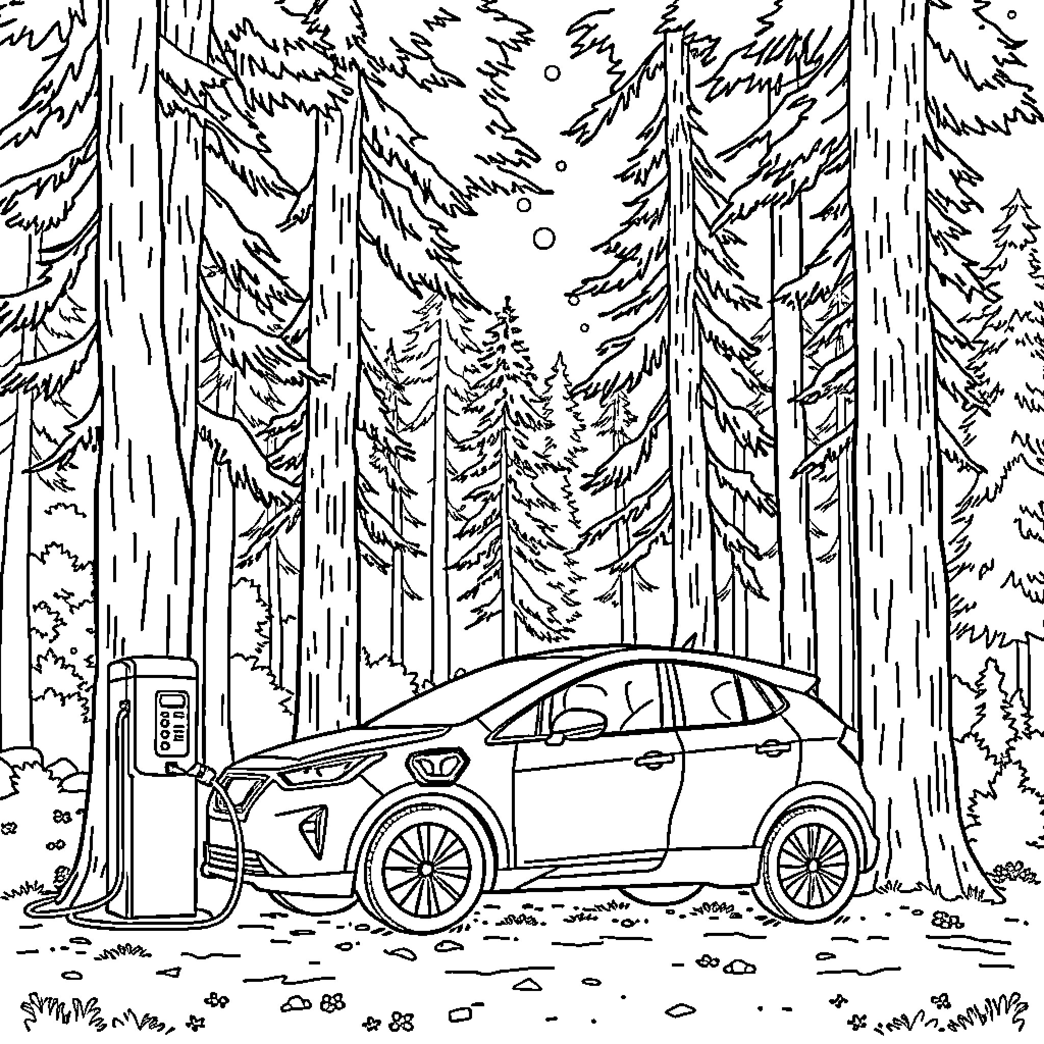 Electric Vehicle Charging in Forest Landscape Coloring Page (free black-and-white line drawing printable PDF for all, from beginners to advanced learners, including children, teens, adults, and seniors)