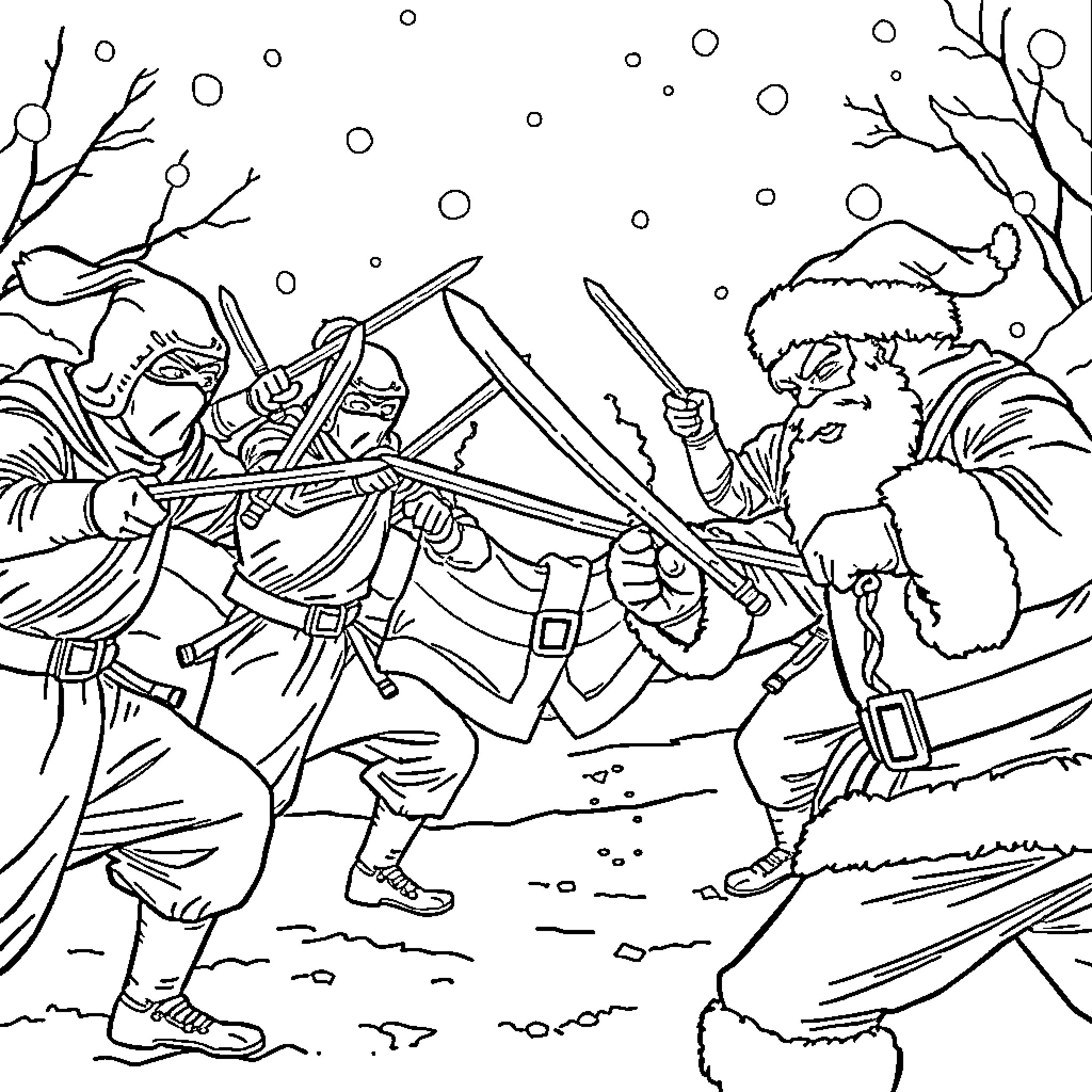Santa Claus battles ninjas in the snow Coloring Page (free black-and-white line drawing printable PDF for all, from beginners to advanced learners, including children, teens, adults, and seniors)